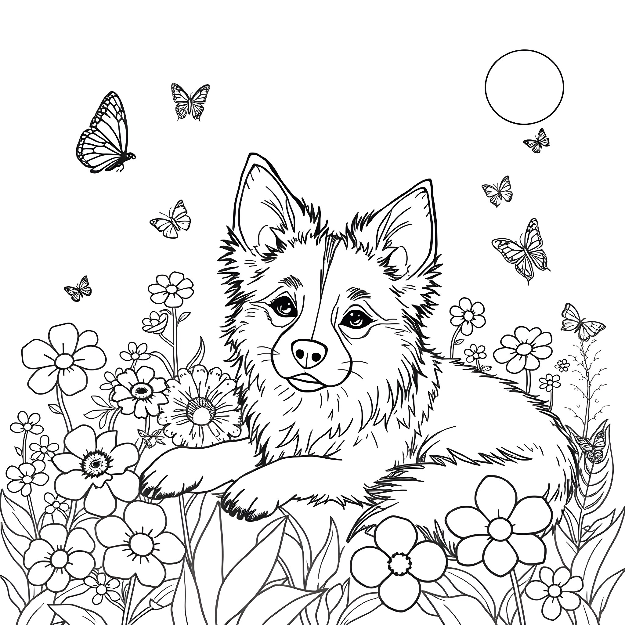 Doge surrounded by butterflies and flowers Coloring Page (free black-and-white line drawing printable PDF for all, from beginners to advanced learners, including children, teens, adults, and seniors)