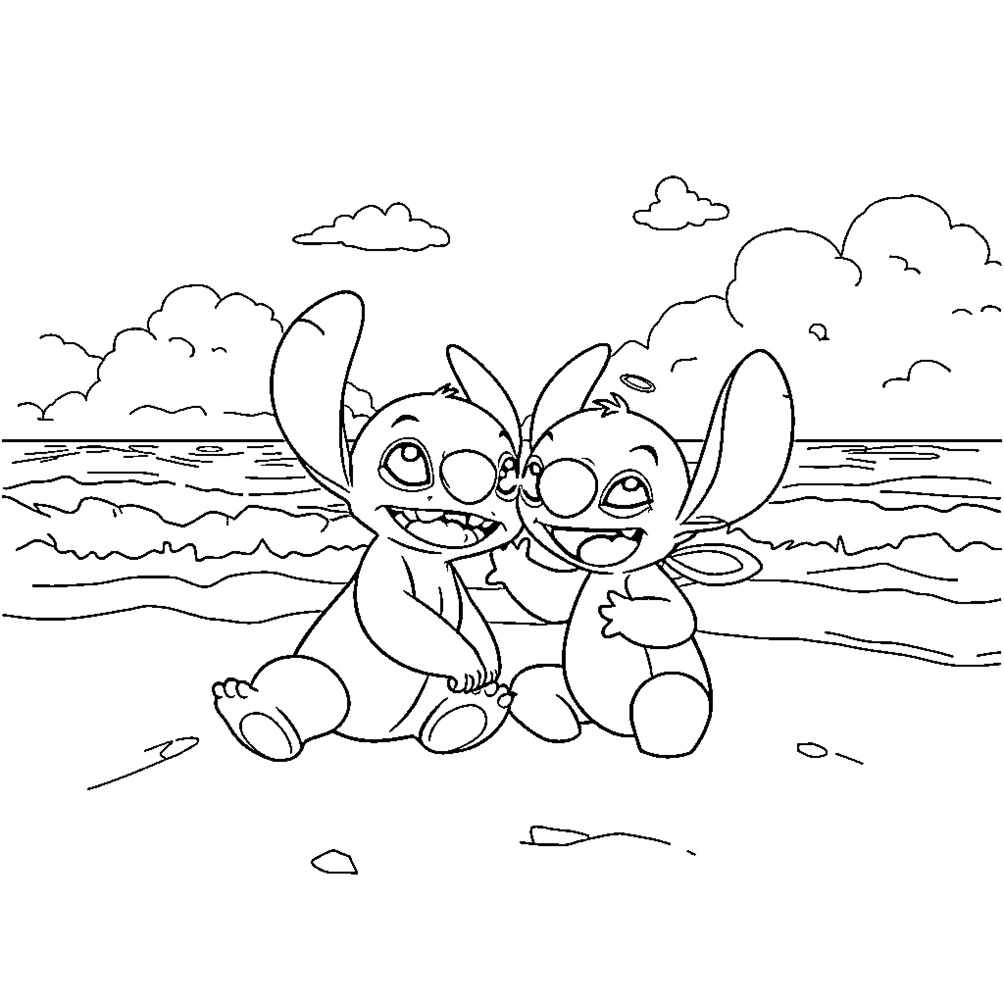 Stitch and Friend Relaxing on the Beach Coloring Page (free black-and-white line drawing printable PDF for all, from beginners to advanced learners, including children, teens, adults, and seniors)
