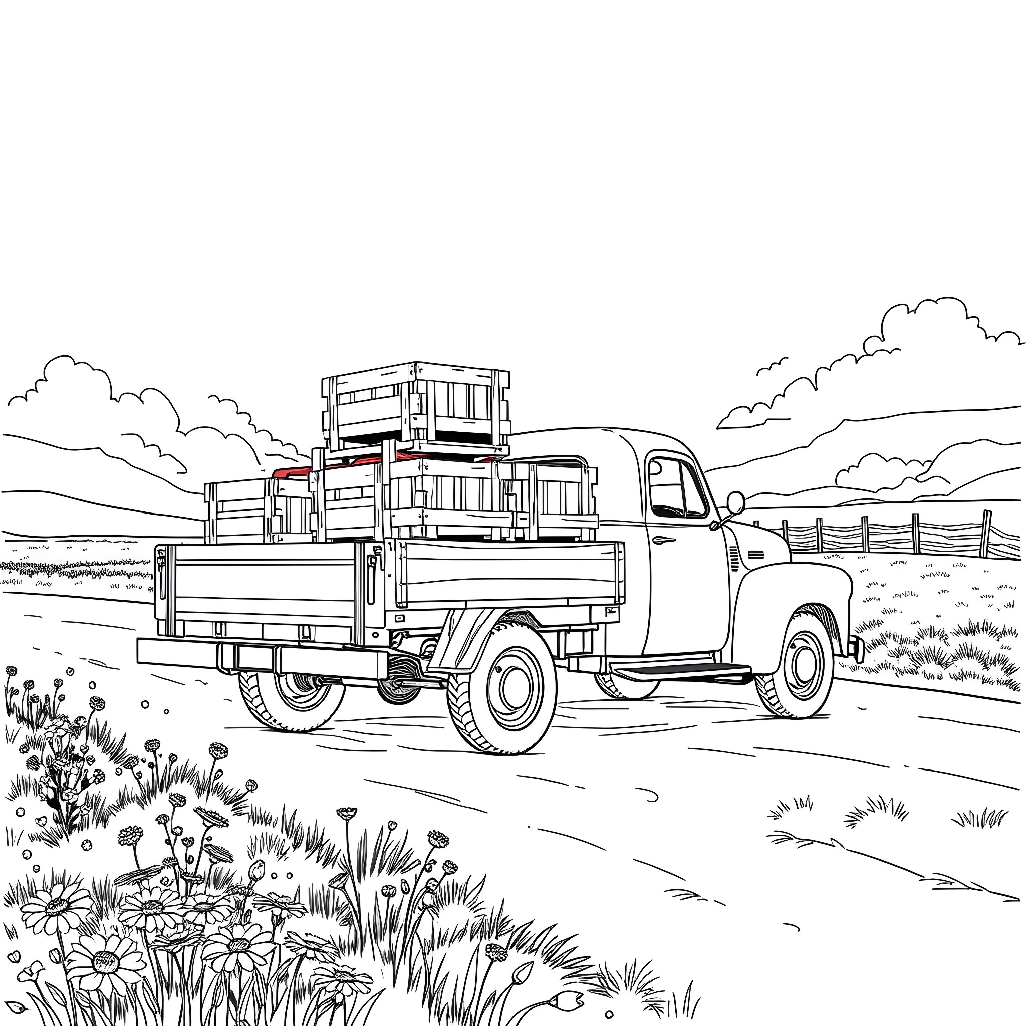 Flatbed truck transporting rural goods on the countryside Coloring Page (free black-and-white line drawing printable PDF for all, from beginners to advanced learners, including children, teens, adults, and seniors)