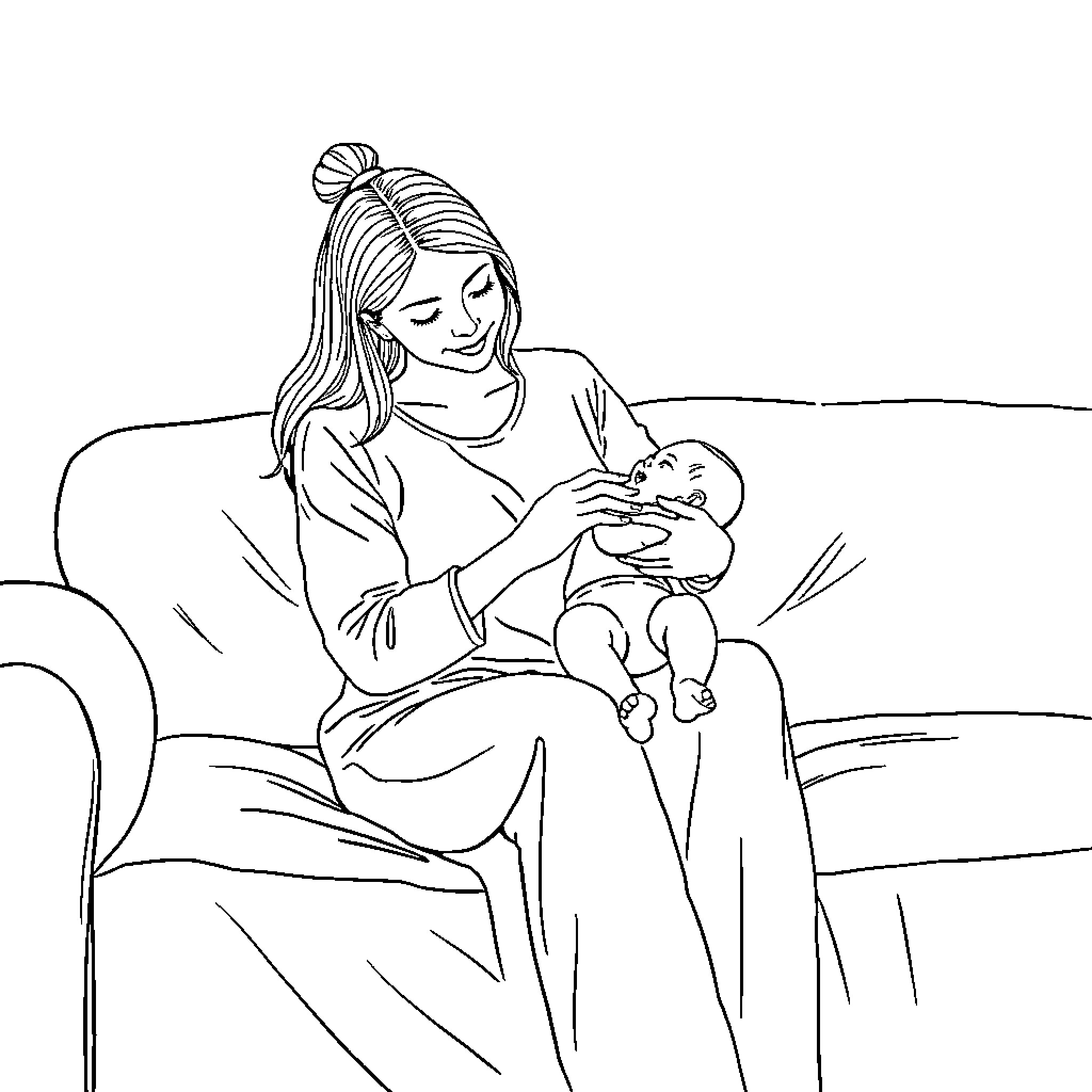Mom Cuddling and Comforting Newborn Baby Coloring Page (free black-and-white line drawing printable PDF for all, from beginners to advanced learners, including children, teens, adults, and seniors)