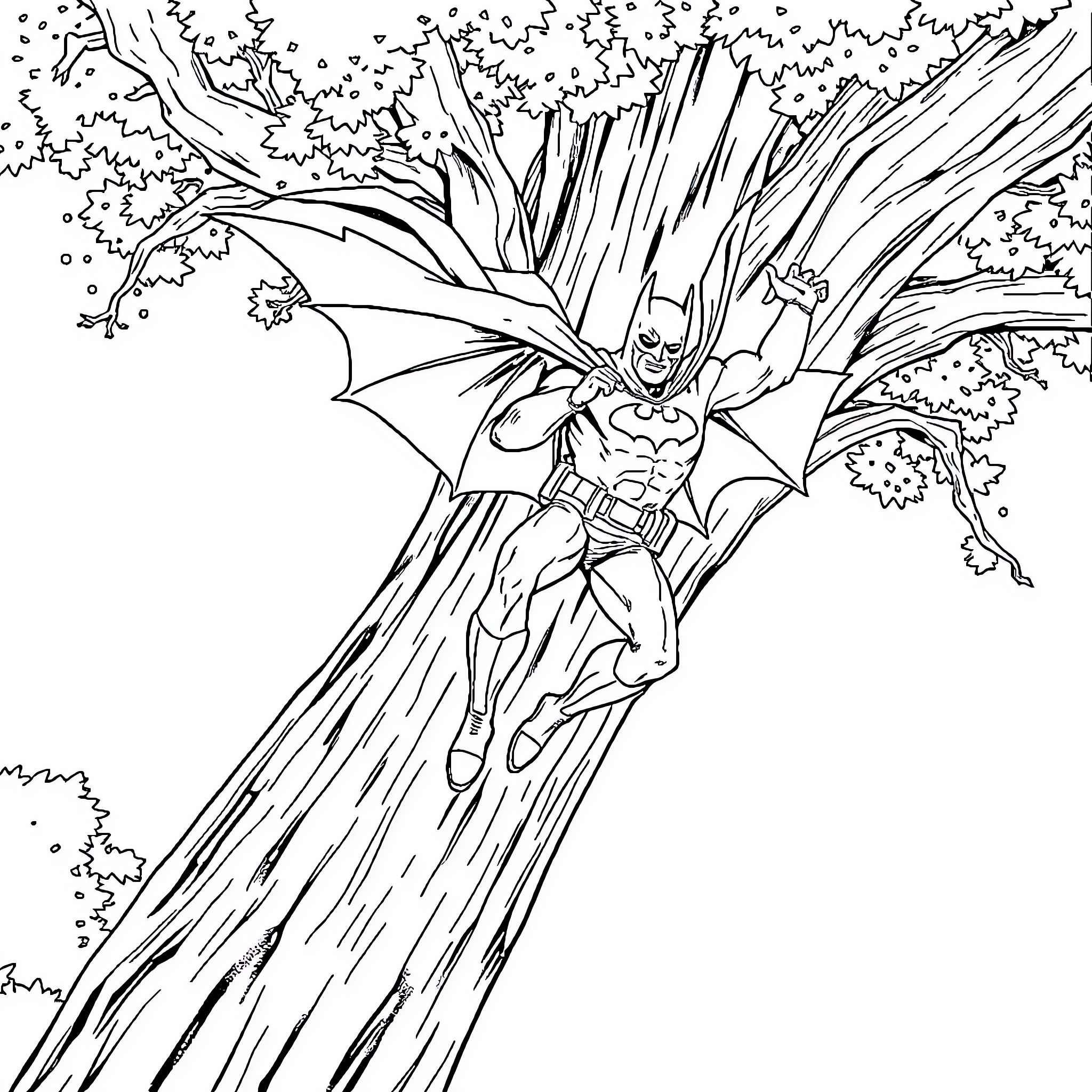 Batman leaping through the night with wings outstretched Coloring Page (free black-and-white line drawing printable PDF for all, from beginners to advanced learners, including children, teens, adults, and seniors)