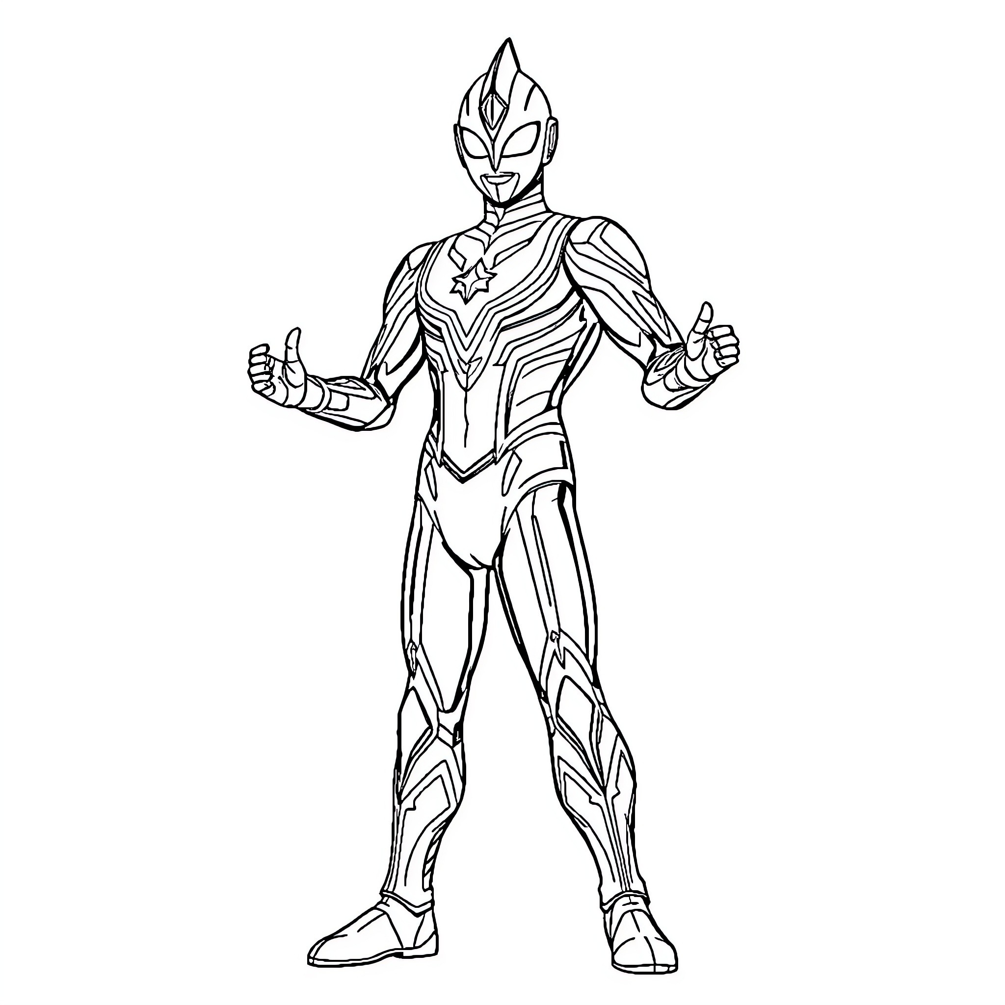 Ultraman posing heroically in action stance Coloring Page (free black-and-white line drawing printable PDF for all, from beginners to advanced learners, including children, teens, adults, and seniors)