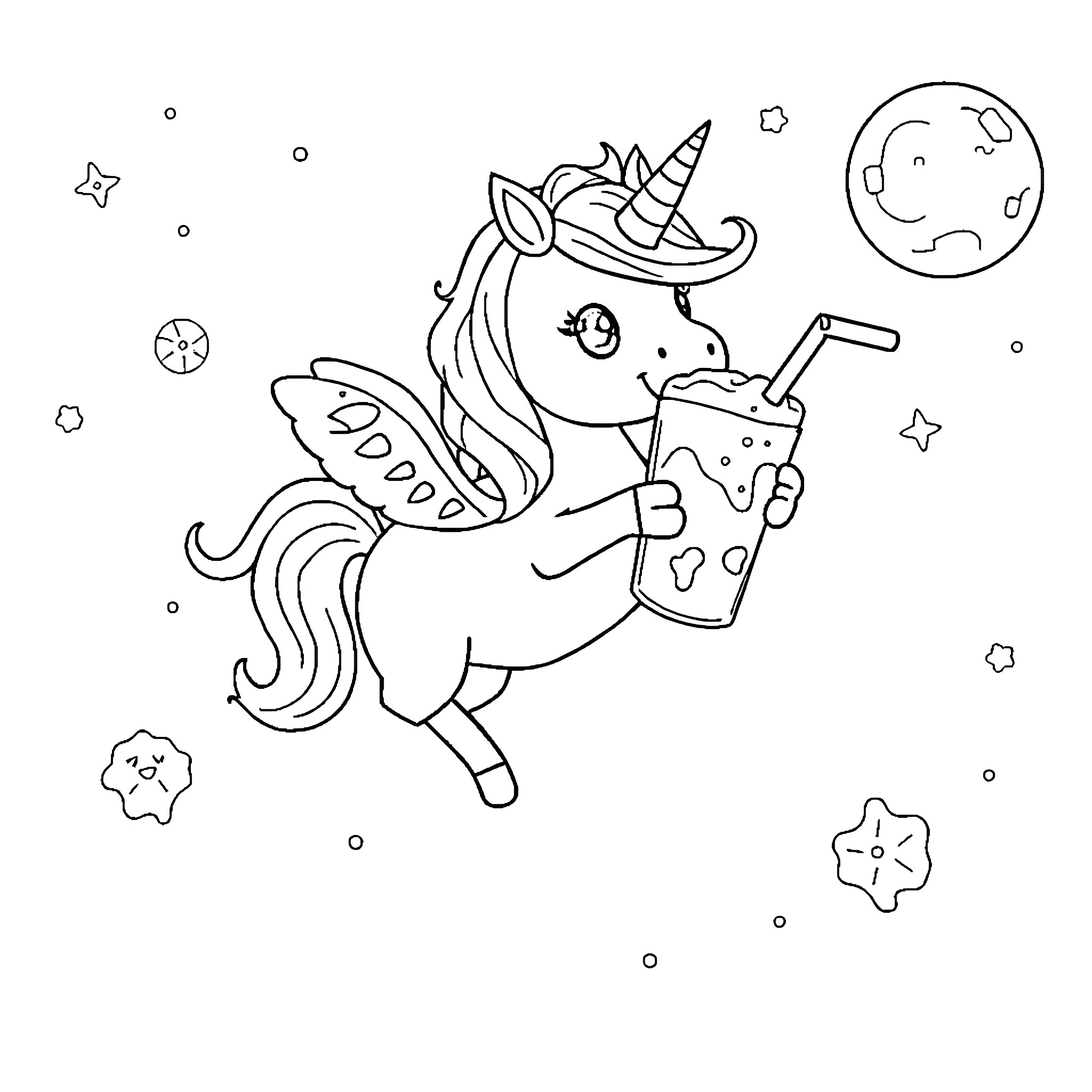Unicorn enjoying a refreshing drink under the stars Coloring Page (free black-and-white line drawing printable PDF for all, from beginners to advanced learners, including children, teens, adults, and seniors)
