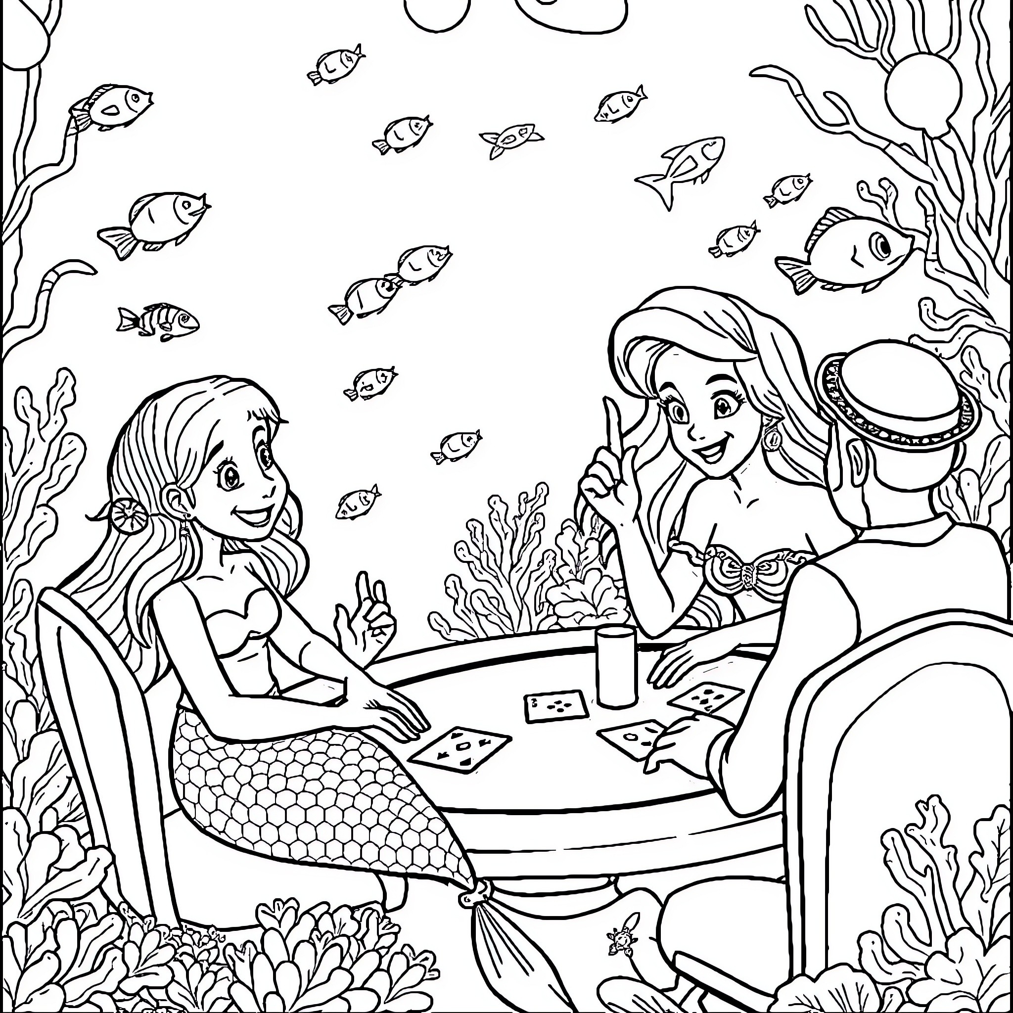 Mermaid friends enjoying a game night under the sea Coloring Page (free black-and-white line drawing printable PDF for all, from beginners to advanced learners, including children, teens, adults, and seniors)