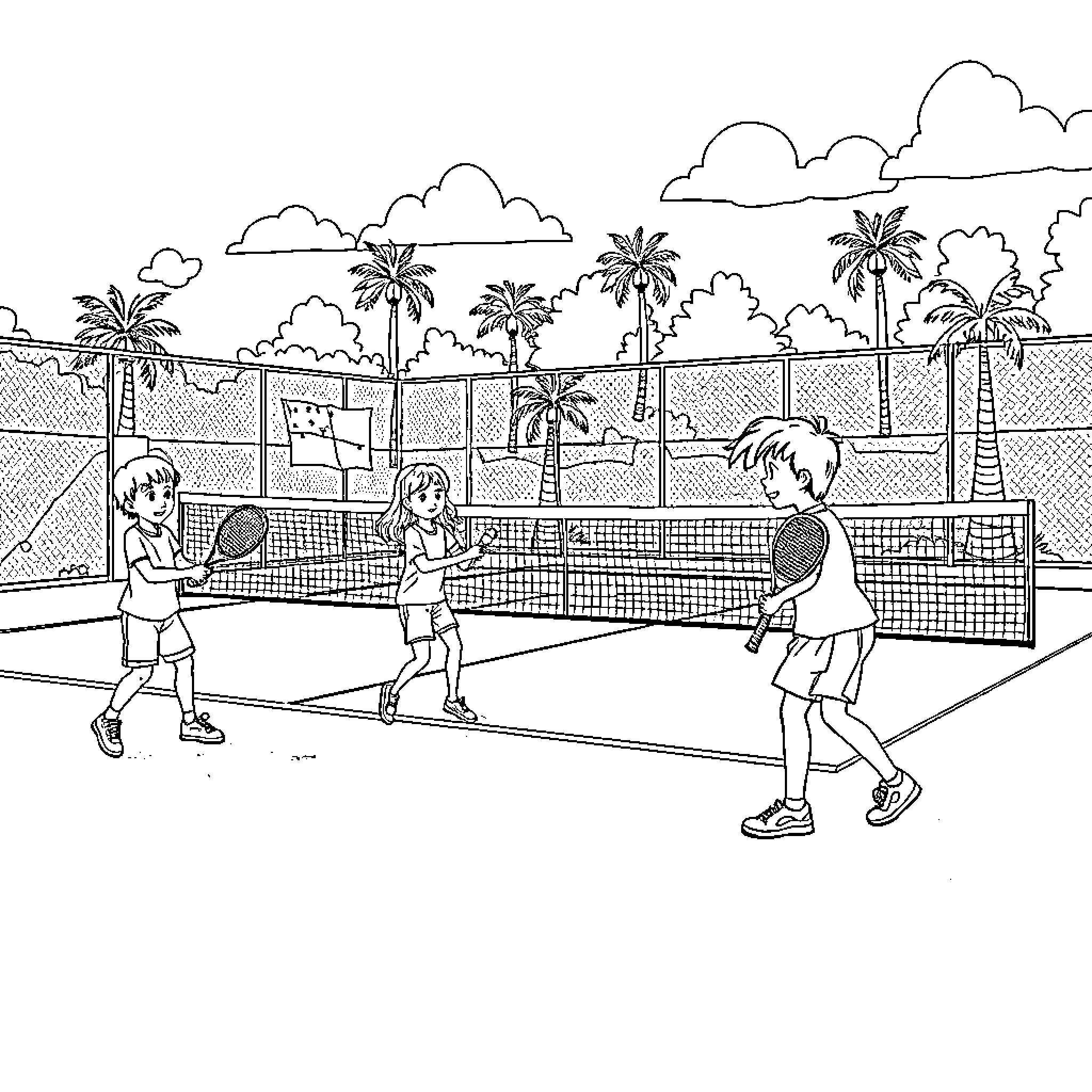 Kid Playing Tennis on a Sunny Court Coloring Page (free black-and-white line drawing printable PDF for all, from beginners to advanced learners, including children, teens, adults, and seniors)