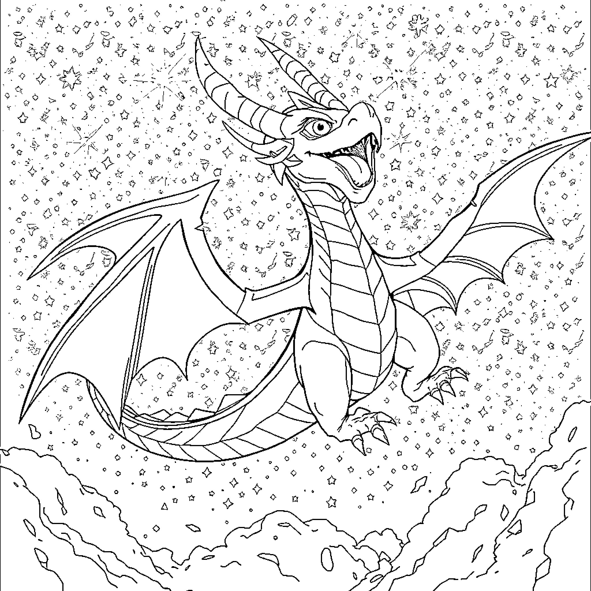 Dragon breathing fire amidst magical stars Coloring Page (free black-and-white line drawing printable PDF for all, from beginners to advanced learners, including children, teens, adults, and seniors)