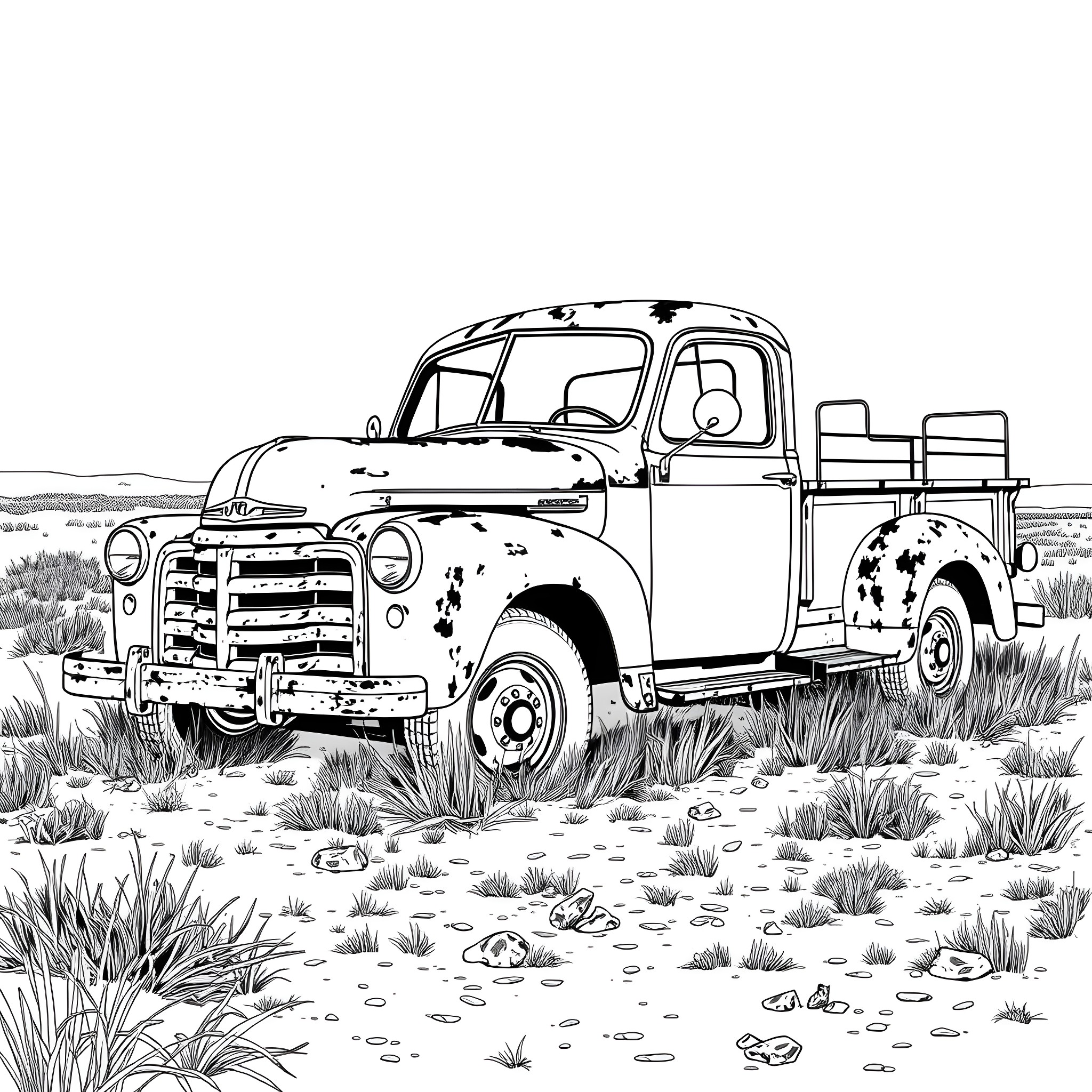 Truck Abandoned in the Dusty Desert Landscape Coloring Page (free black-and-white line drawing printable PDF for all, from beginners to advanced learners, including children, teens, adults, and seniors)