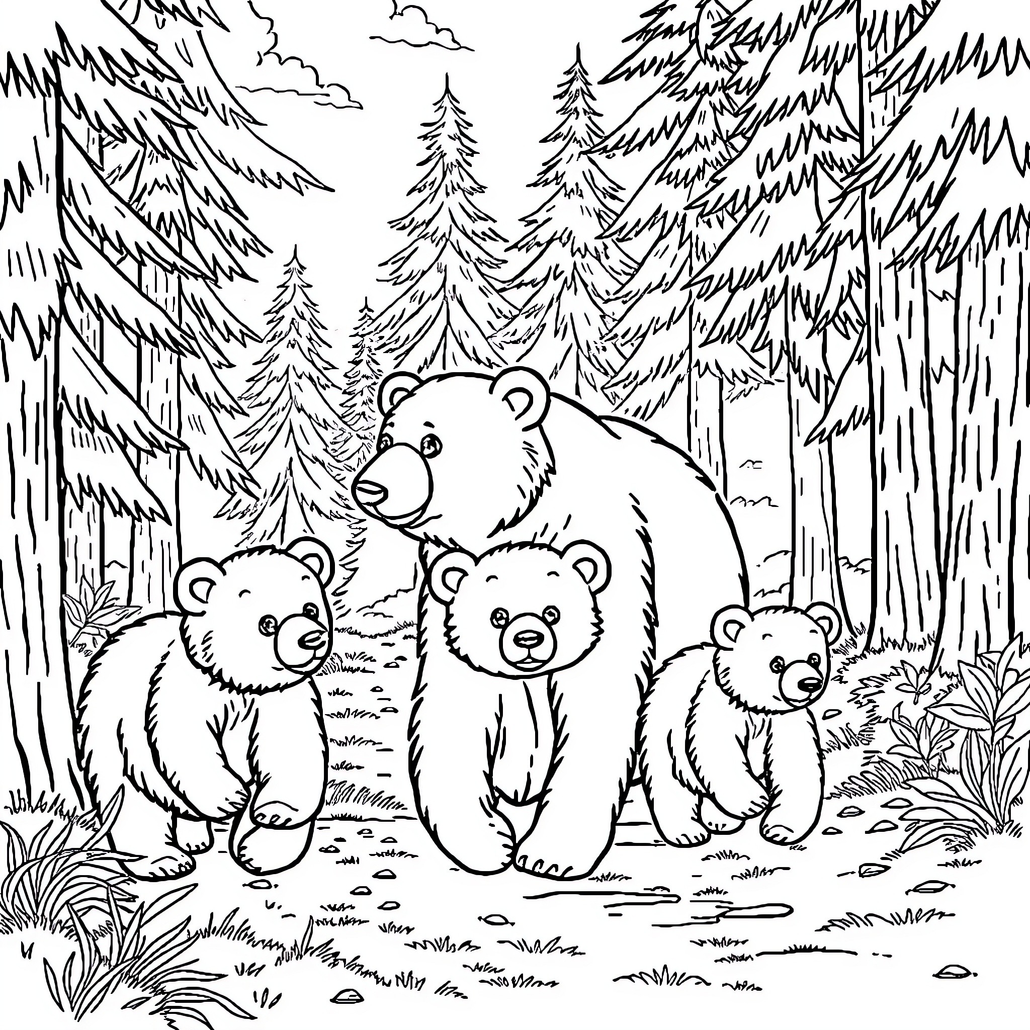 Bear family in the snowy forest Coloring Page (free black-and-white line drawing printable PDF for all, from beginners to advanced learners, including children, teens, adults, and seniors)