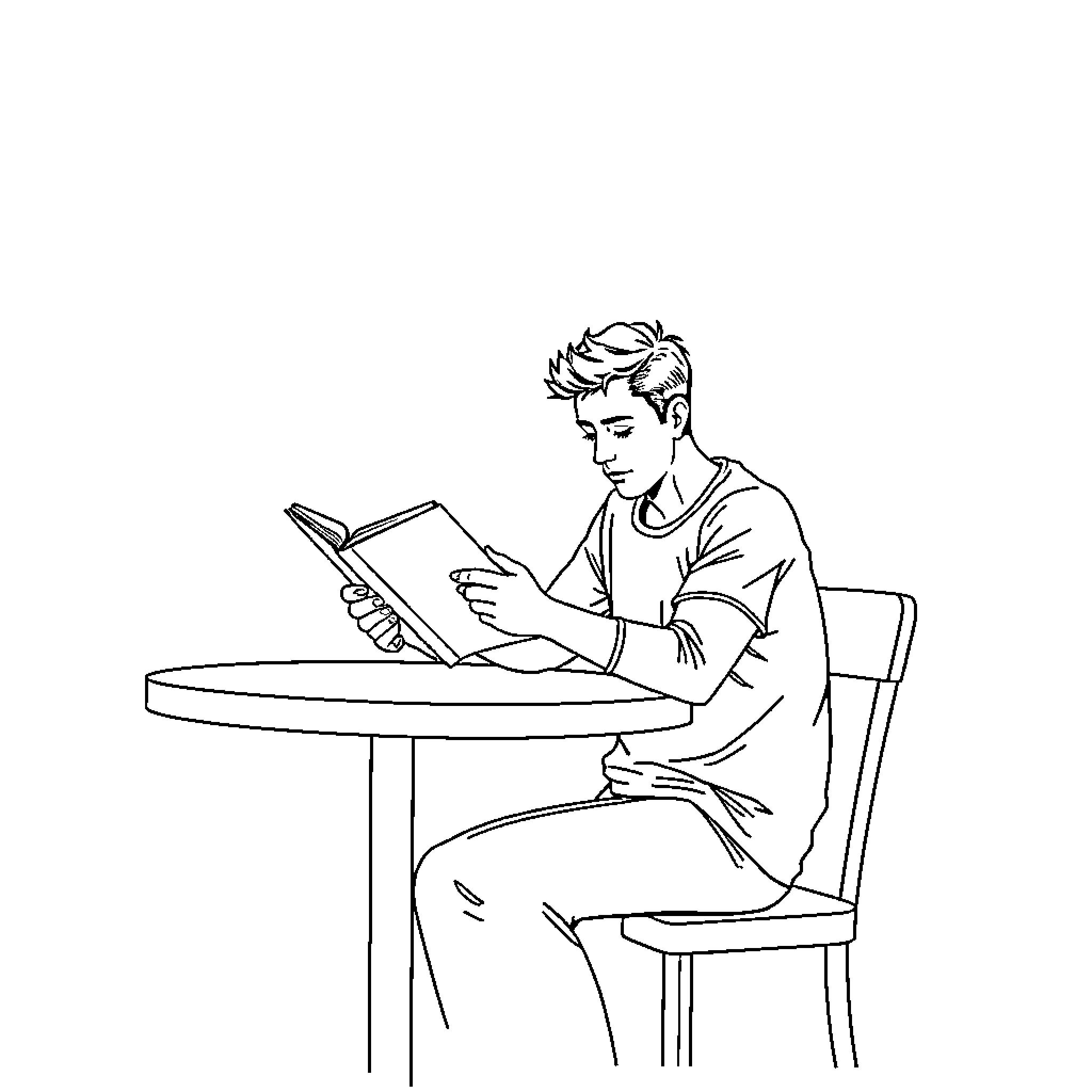 Adult reading a book at a table Coloring Page (free black-and-white line drawing printable PDF for all, from beginners to advanced learners, including children, teens, adults, and seniors)