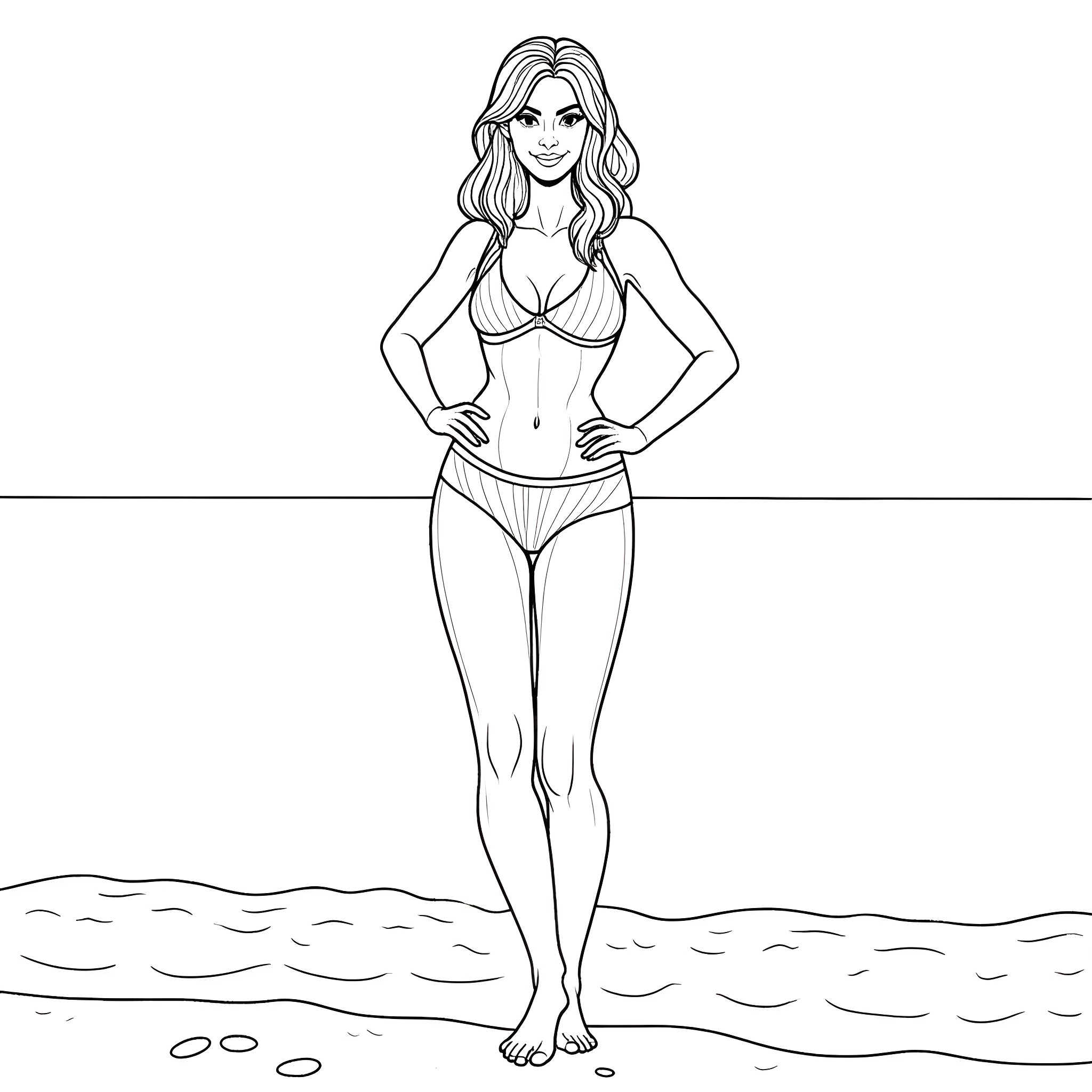 Babe relaxing confidently on the beach Coloring Page (free black-and-white line drawing printable PDF for all, from beginners to advanced learners, including children, teens, adults, and seniors)