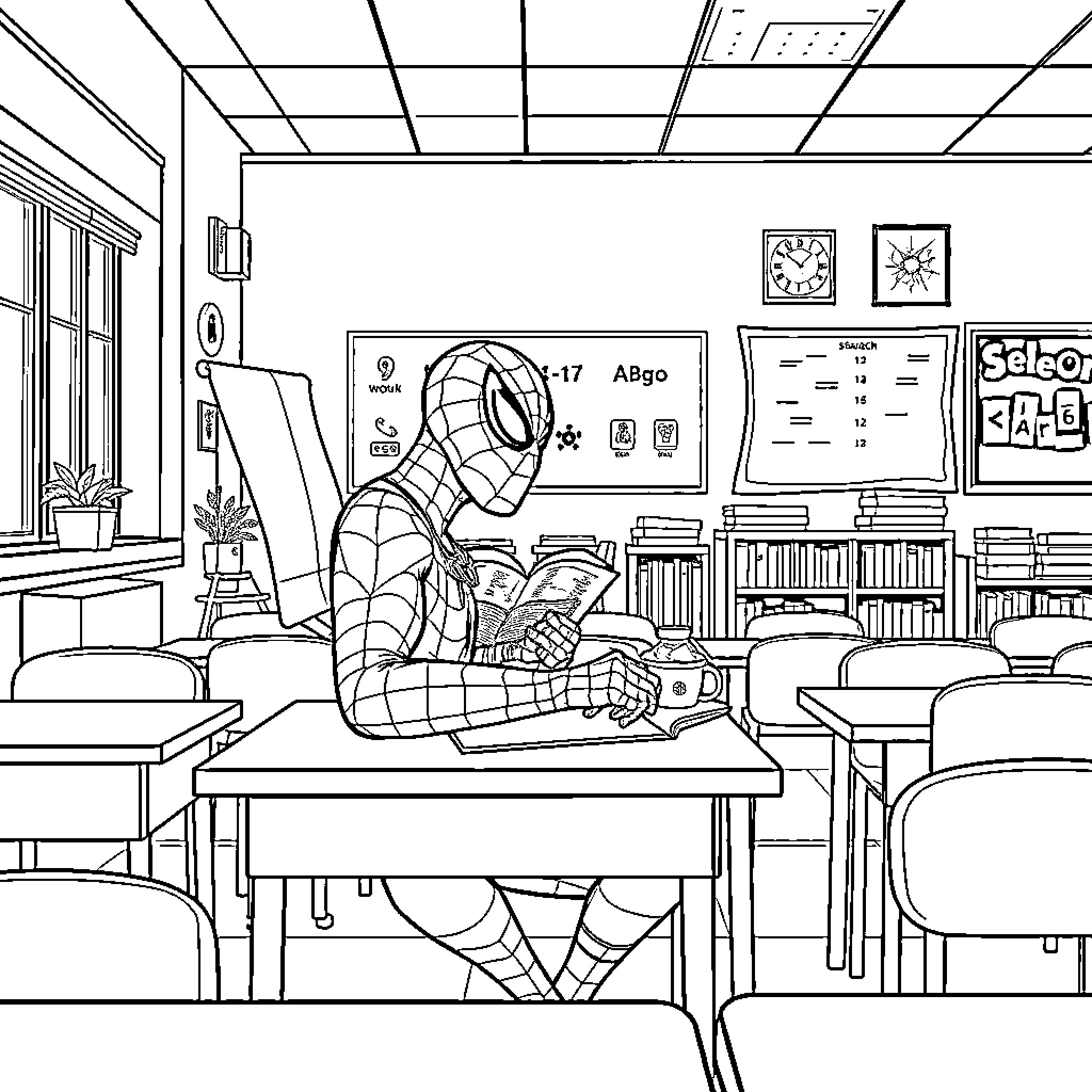 Spiderman studying in the classroom Coloring Page (free black-and-white line drawing printable PDF for all, from beginners to advanced learners, including children, teens, adults, and seniors)