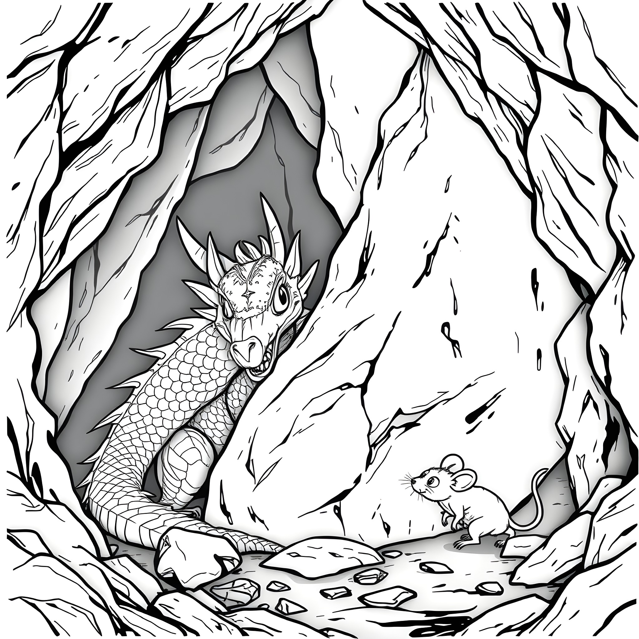 Dragon peering from cave in enchanted forest Coloring Page (free black-and-white line drawing printable PDF for all, from beginners to advanced learners, including children, teens, adults, and seniors)