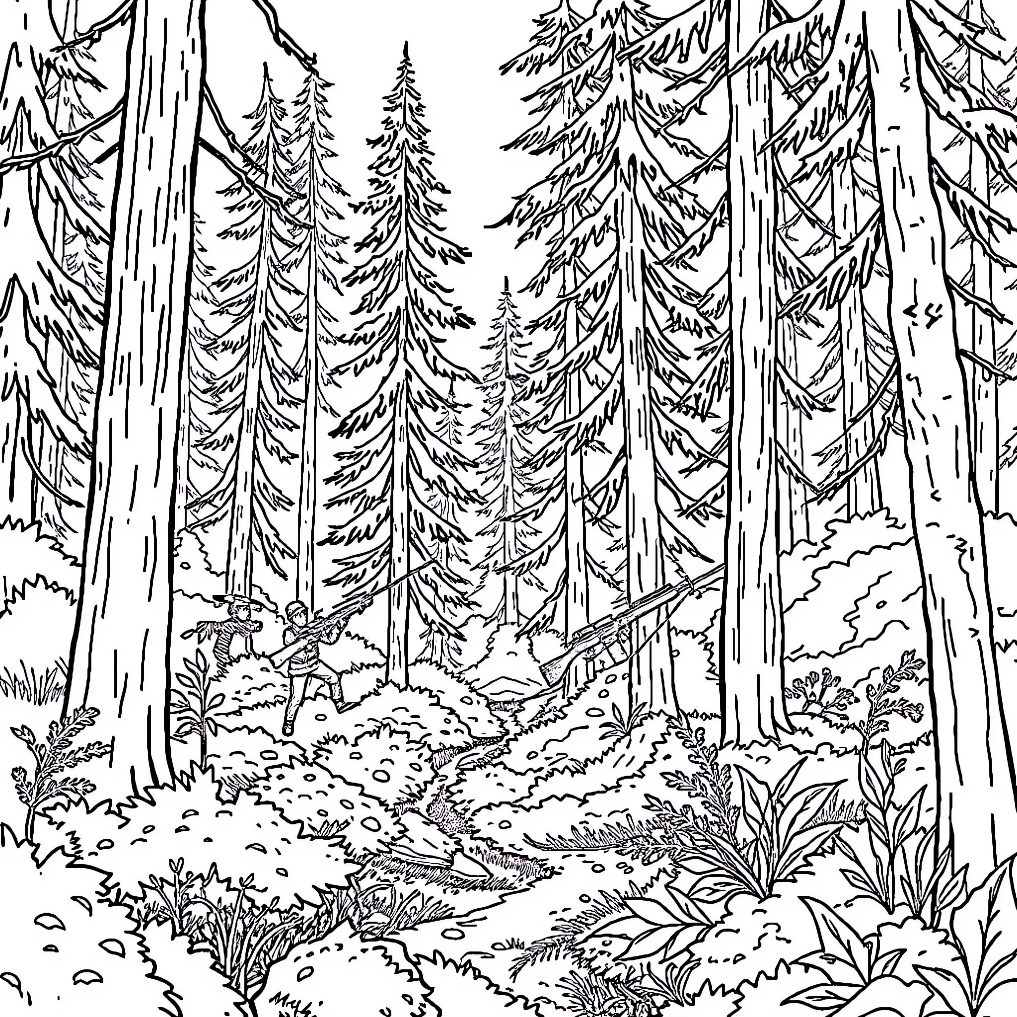 Mikkel Rev exploring the enchanting forest landscape Coloring Page (free black-and-white line drawing printable PDF for all, from beginners to advanced learners, including children, teens, adults, and seniors)