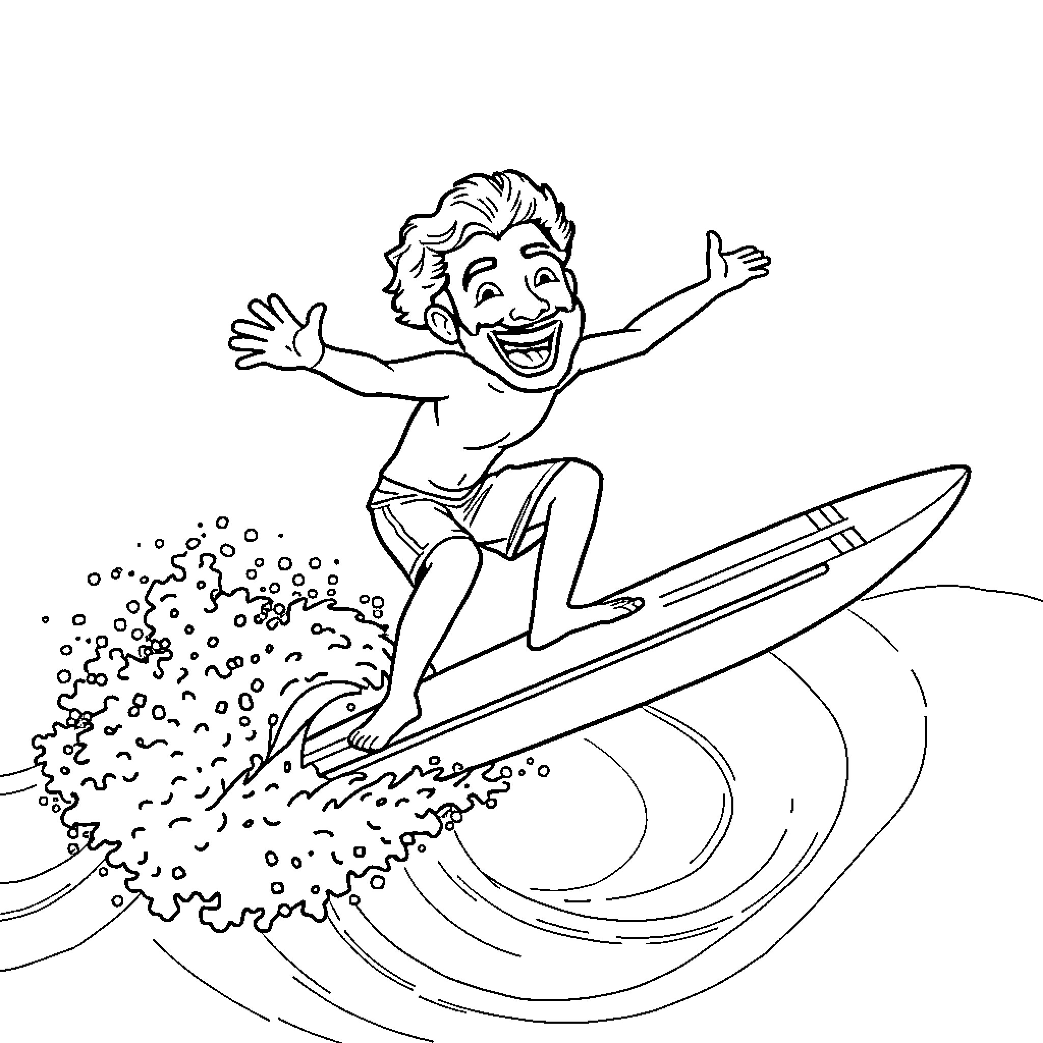 Mo Salah surfing joyfully through the waves Coloring Page (free black-and-white line drawing printable PDF for all, from beginners to advanced learners, including children, teens, adults, and seniors)