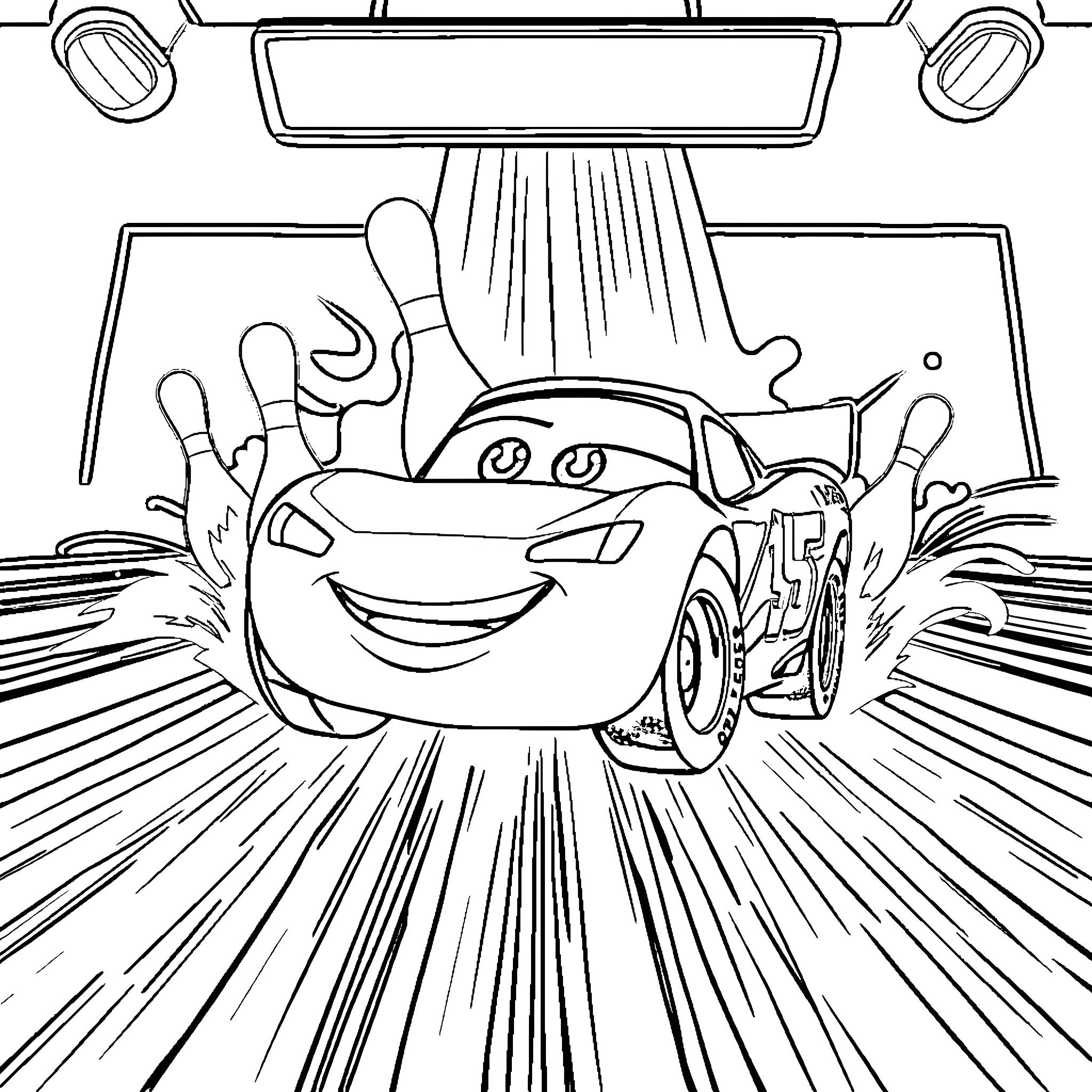 Lightning McQueen in a car wash Coloring Page (free black-and-white line drawing printable PDF for all, from beginners to advanced learners, including children, teens, adults, and seniors)