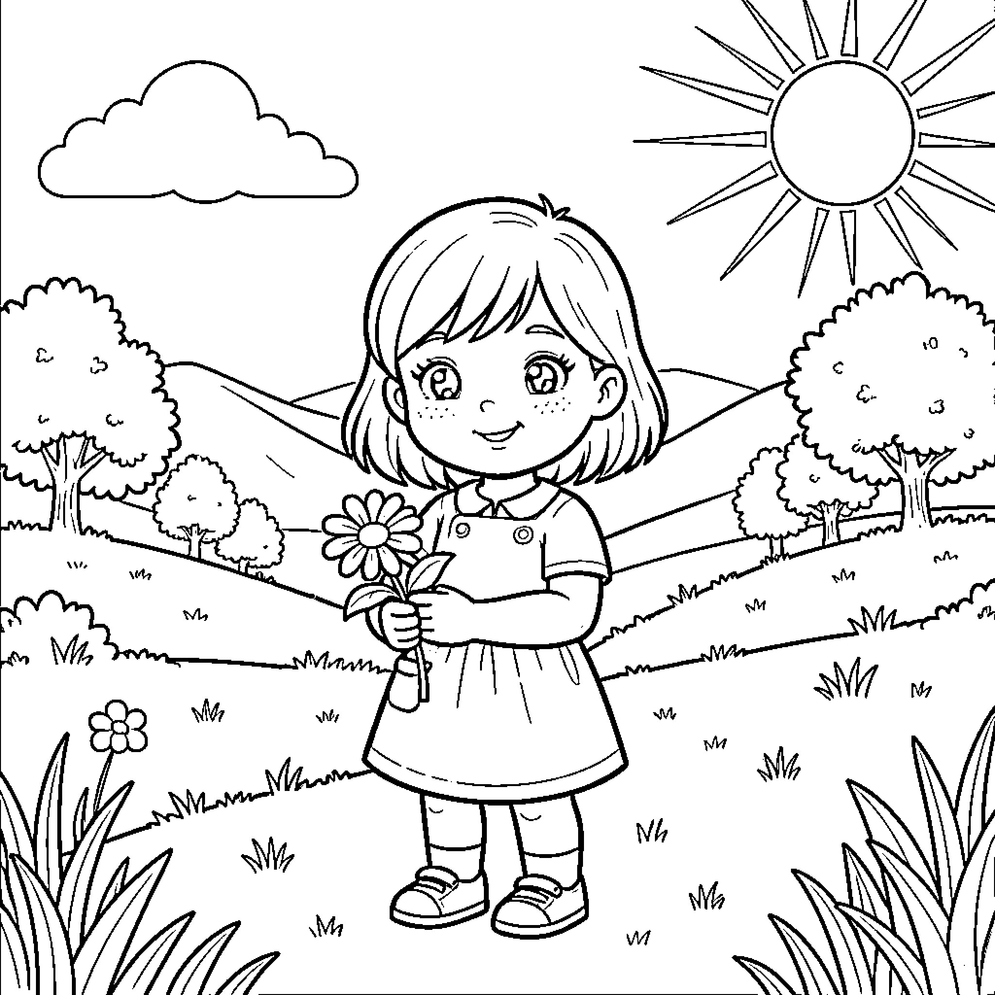 Fille standing in a meadow holding a flower Coloring Page (free black-and-white line drawing printable PDF for all, from beginners to advanced learners, including children, teens, adults, and seniors)