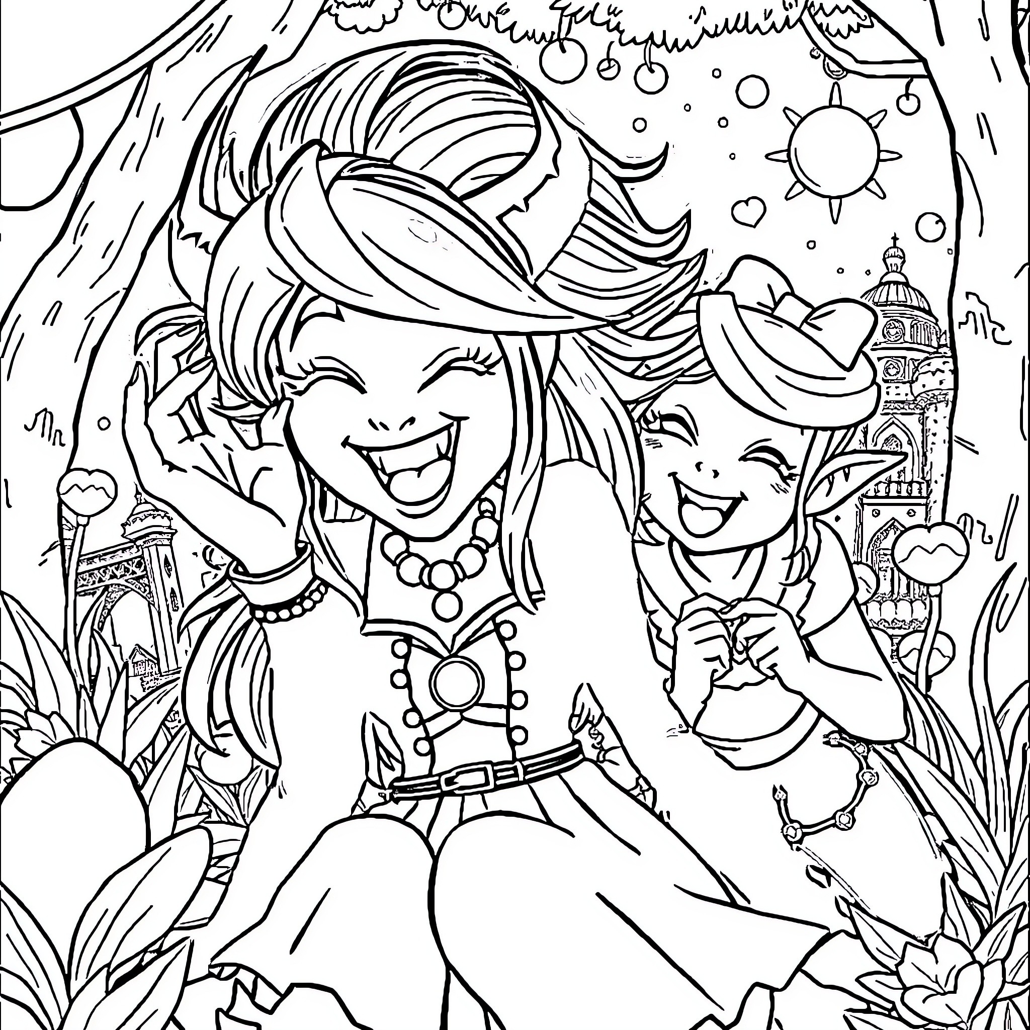 Jinx's Enchanted Adventure with Friends Coloring Page (free black-and-white line drawing printable PDF for all, from beginners to advanced learners, including children, teens, adults, and seniors)
