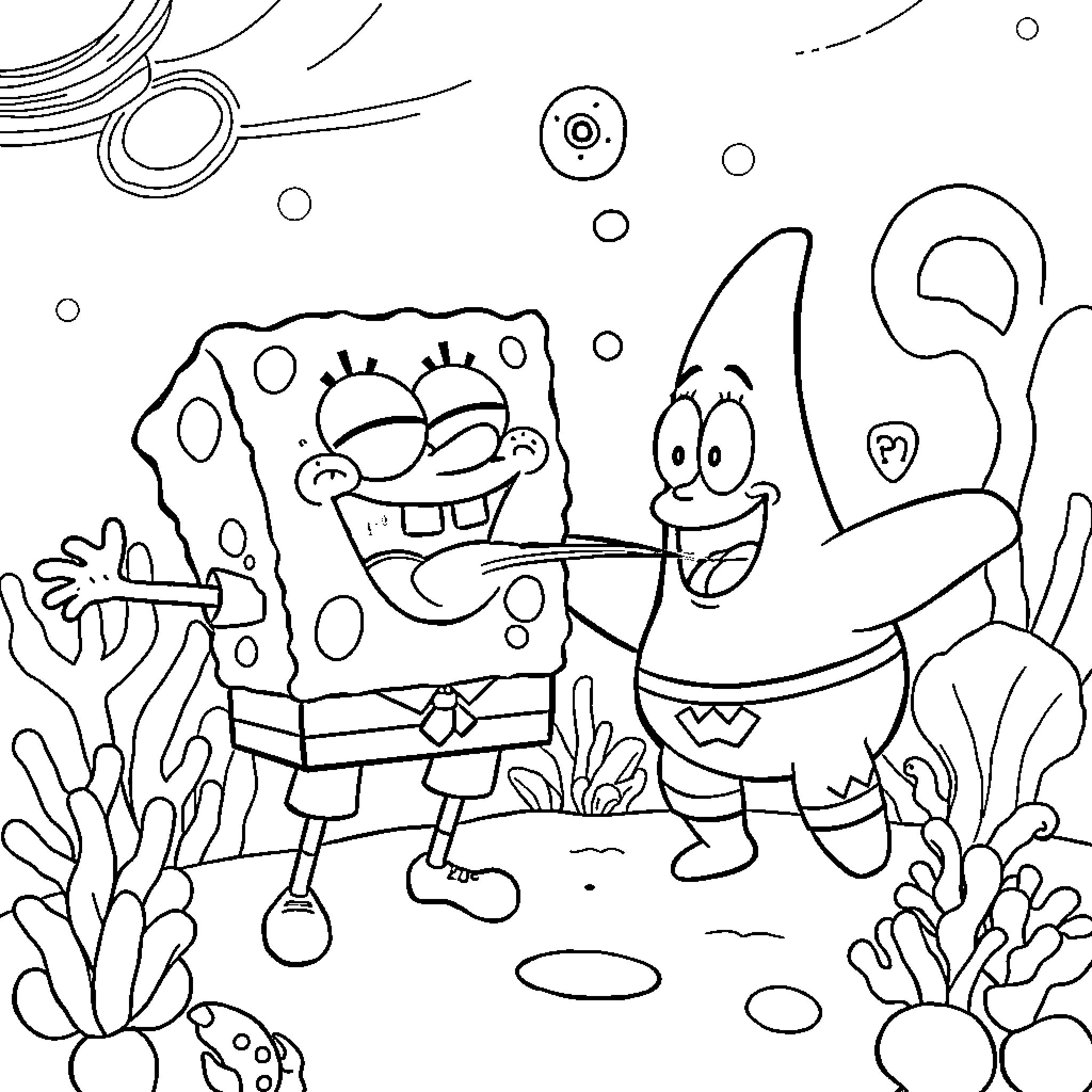 Spongebob and Patrick playing in the ocean Coloring Page (free black-and-white line drawing printable PDF for all, from beginners to advanced learners, including children, teens, adults, and seniors)