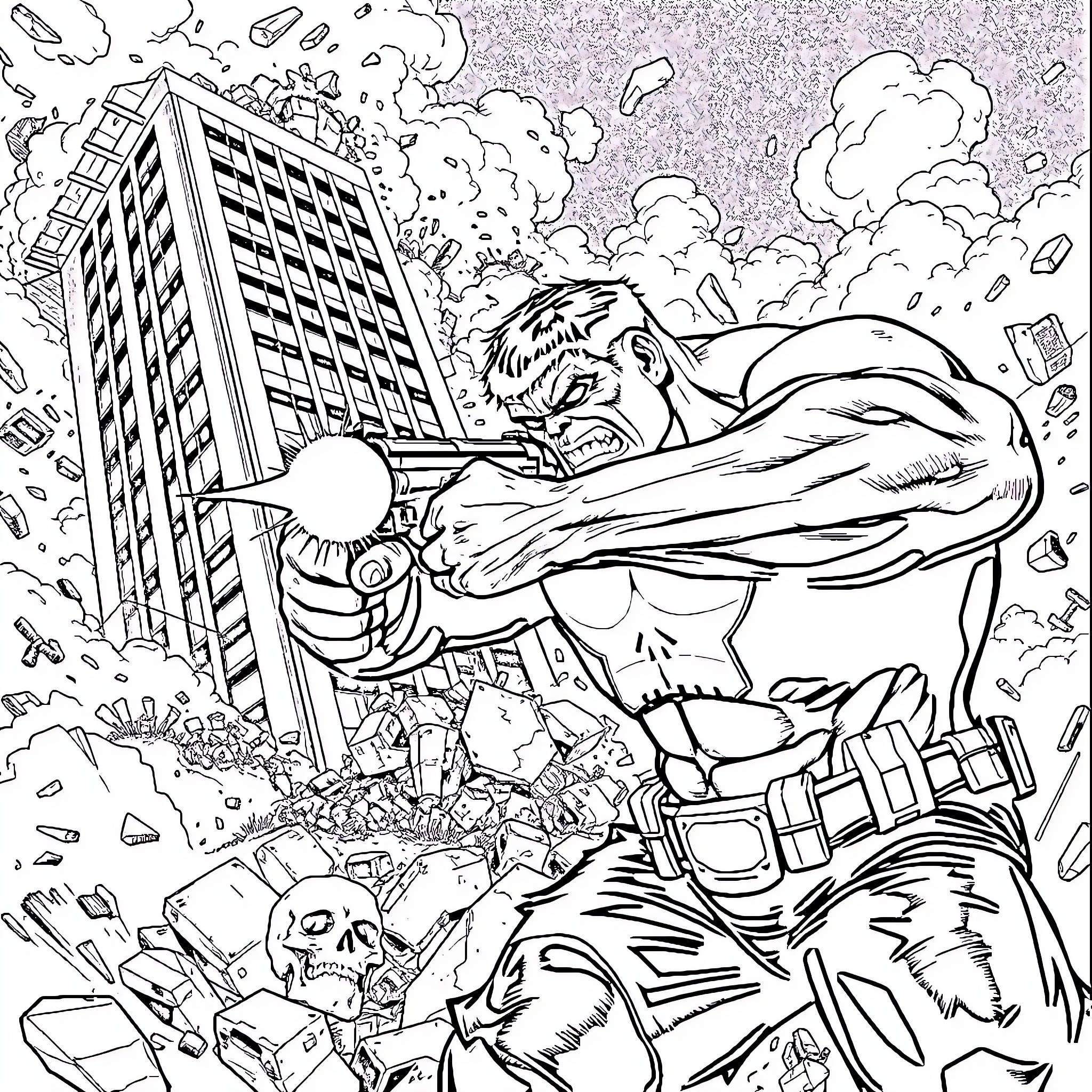 Punisher Wreaking Havoc in the City Coloring Page (free black-and-white line drawing printable PDF for all, from beginners to advanced learners, including children, teens, adults, and seniors)