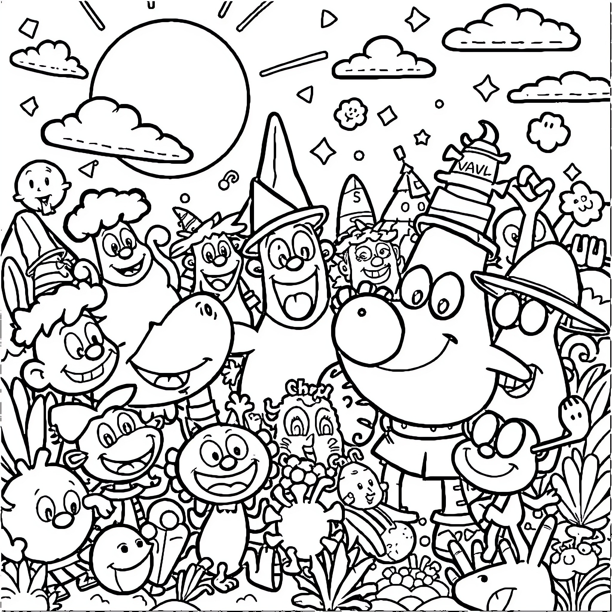 Cartoon characters in a whimsical outdoor scene Coloring Page (free black-and-white line drawing printable PDF for all, from beginners to advanced learners, including children, teens, adults, and seniors)