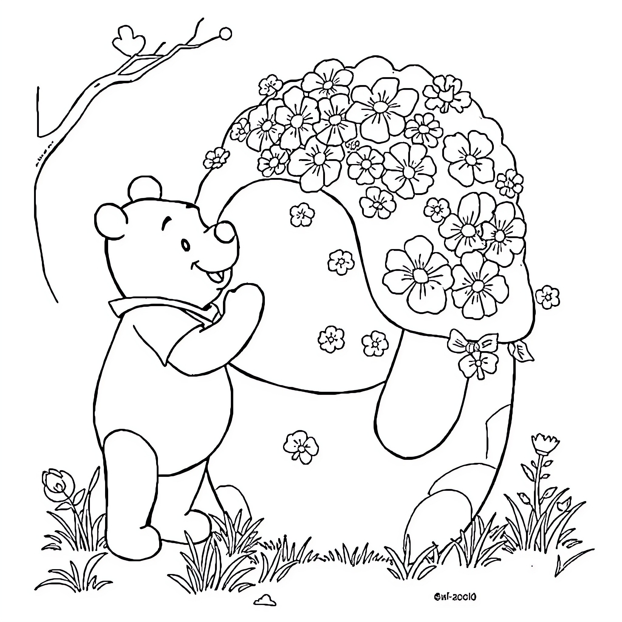 Vacuum Robot Holding Flower Bouquet in Nature Coloring Page (free black-and-white line drawing printable PDF for all, from beginners to advanced learners, including children, teens, adults, and seniors)