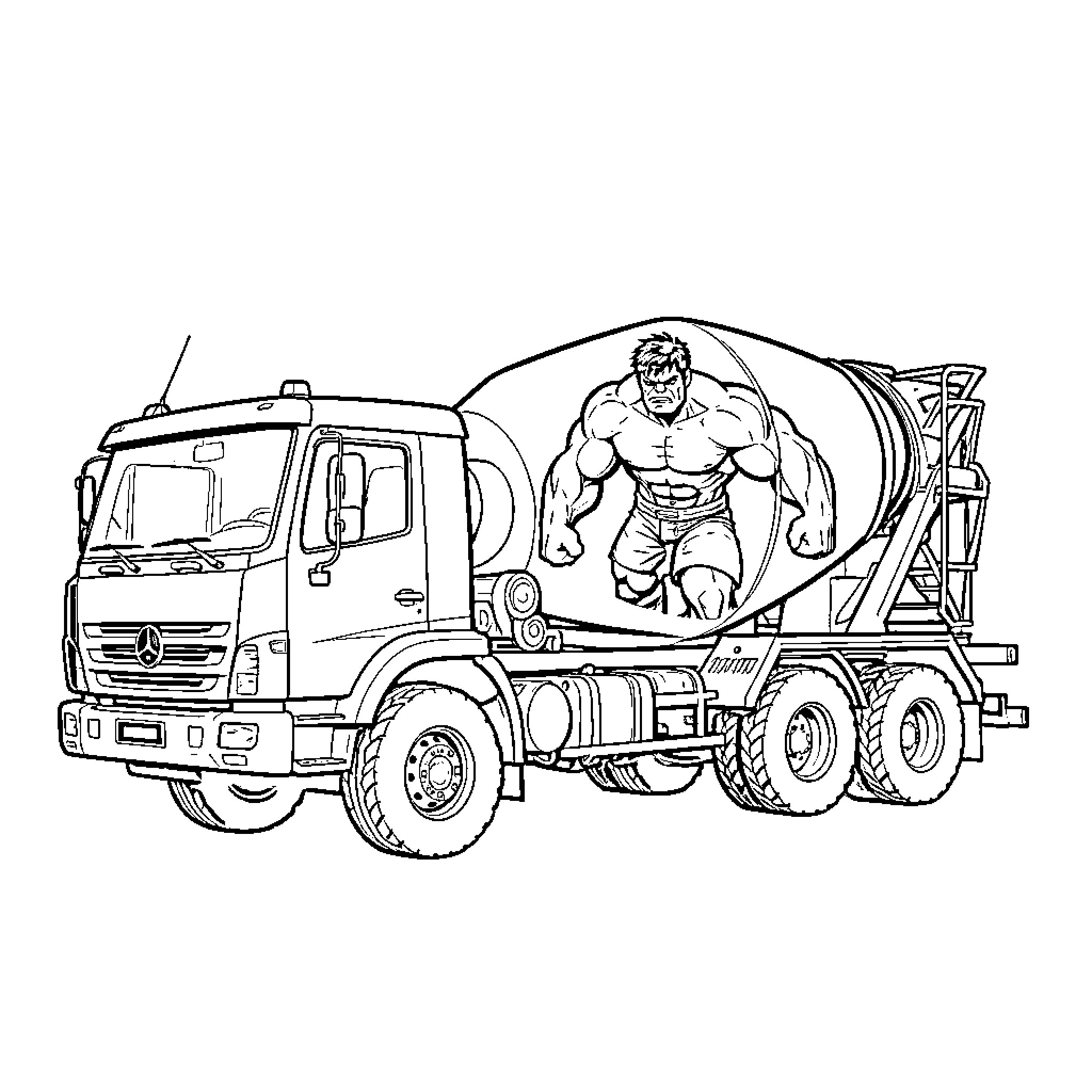Concrete Mixer Truck featuring a muscular character illustration Coloring Page (free black-and-white line drawing printable PDF for all, from beginners to advanced learners, including children, teens, adults, and seniors)