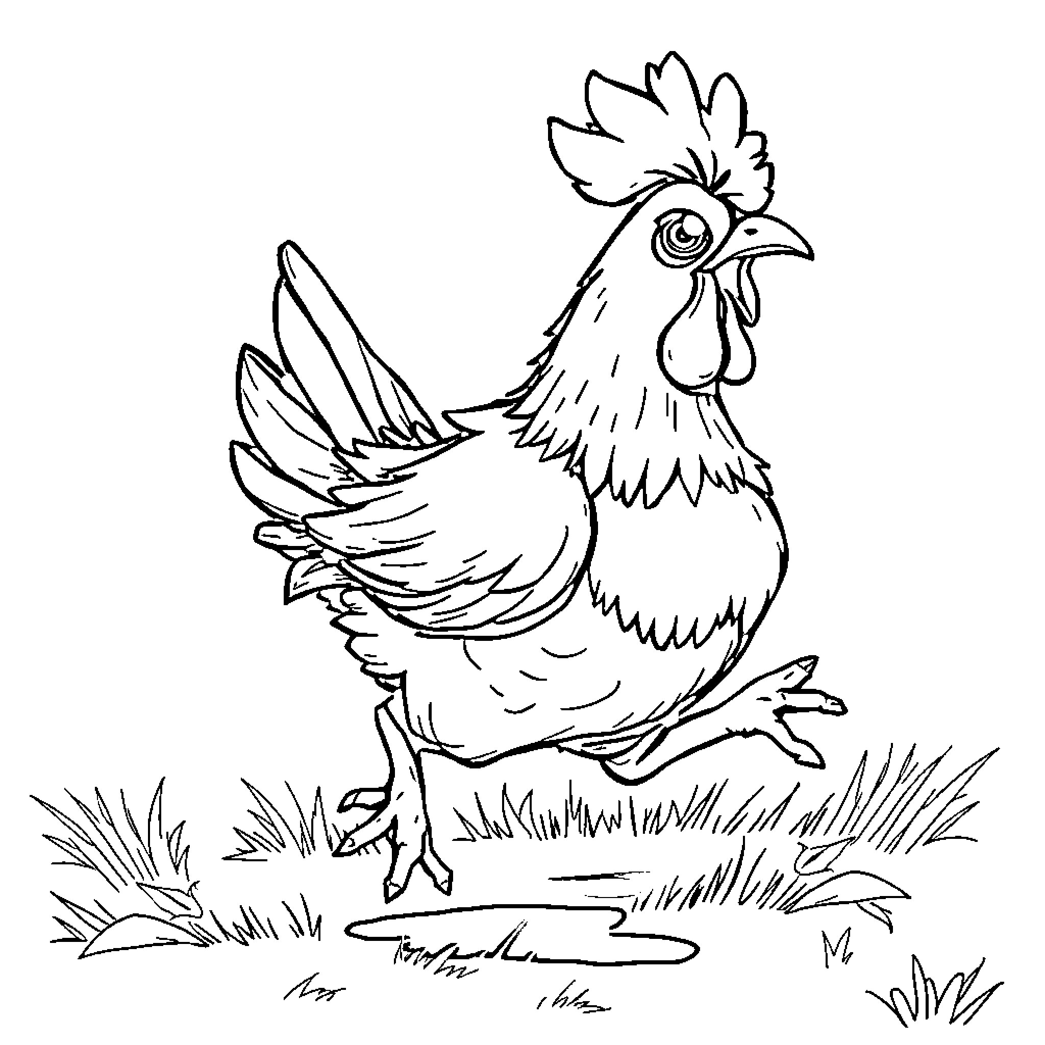 Chicken strutting proudly on the grass Coloring Page (free black-and-white line drawing printable PDF for all, from beginners to advanced learners, including children, teens, adults, and seniors)