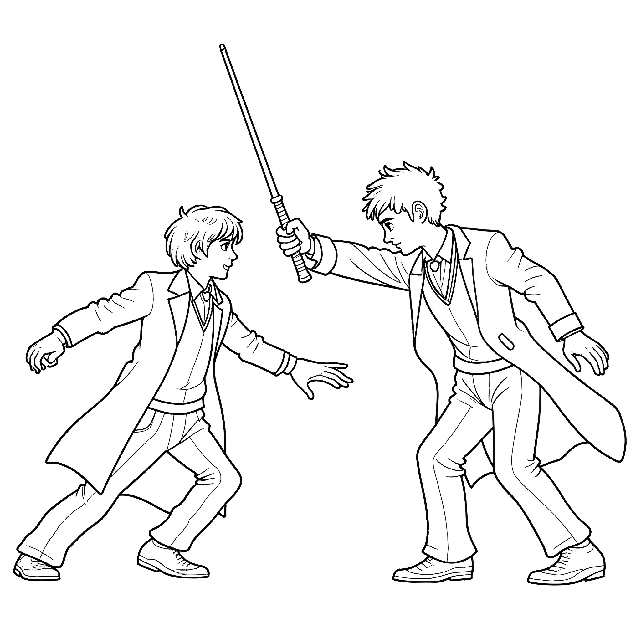 Doctor Who characters in action poses Coloring Page (free black-and-white line drawing printable PDF for all, from beginners to advanced learners, including children, teens, adults, and seniors)