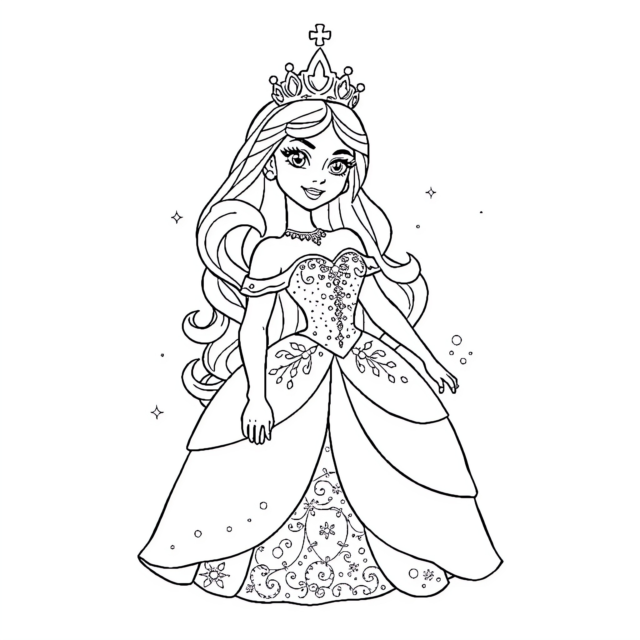 Princess in Elegant Gown and Crown Coloring Page (free black-and-white line drawing printable PDF for all, from beginners to advanced learners, including children, teens, adults, and seniors)