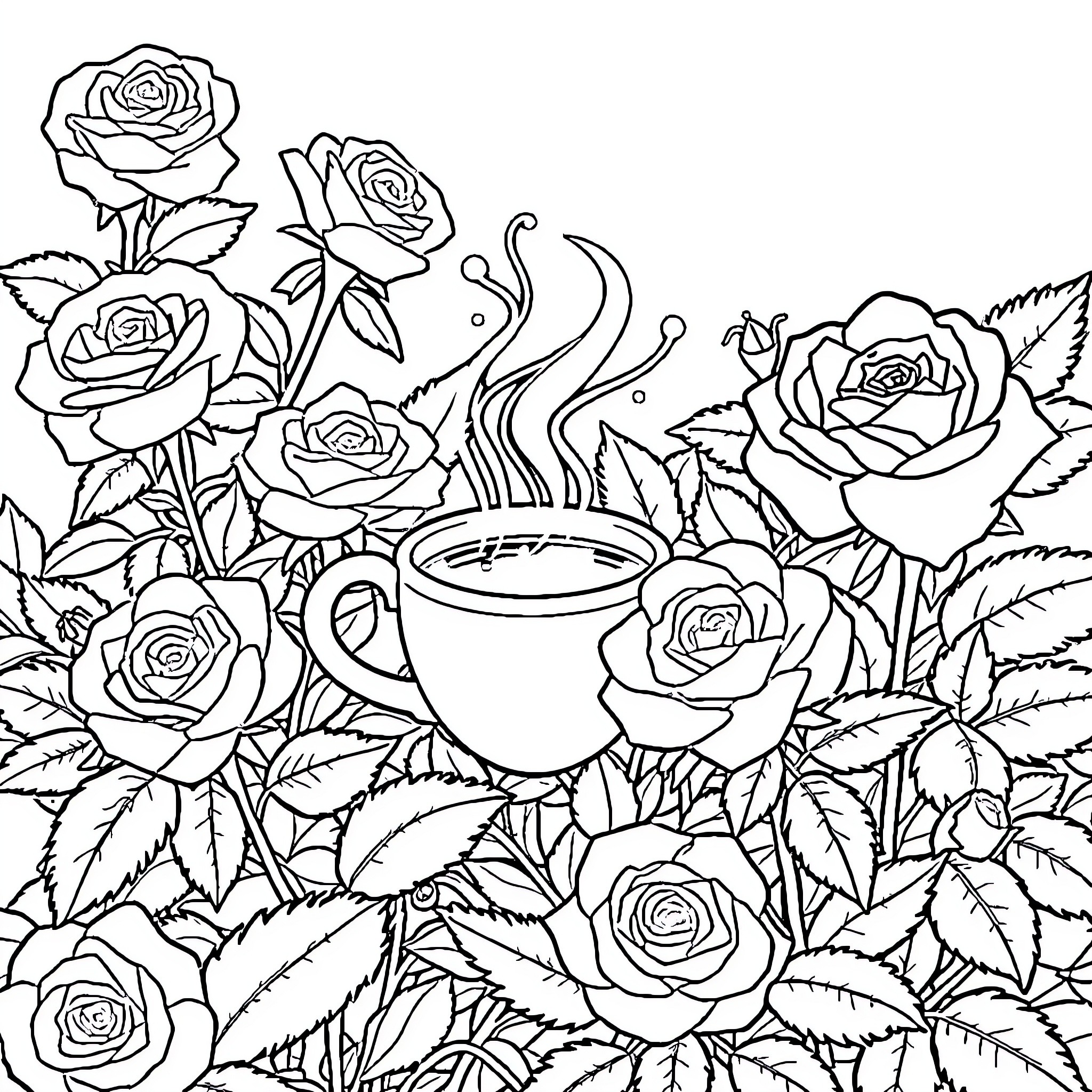 Coffee with Blooming Roses Coloring Page (free black-and-white line drawing printable PDF for all, from beginners to advanced learners, including children, teens, adults, and seniors)