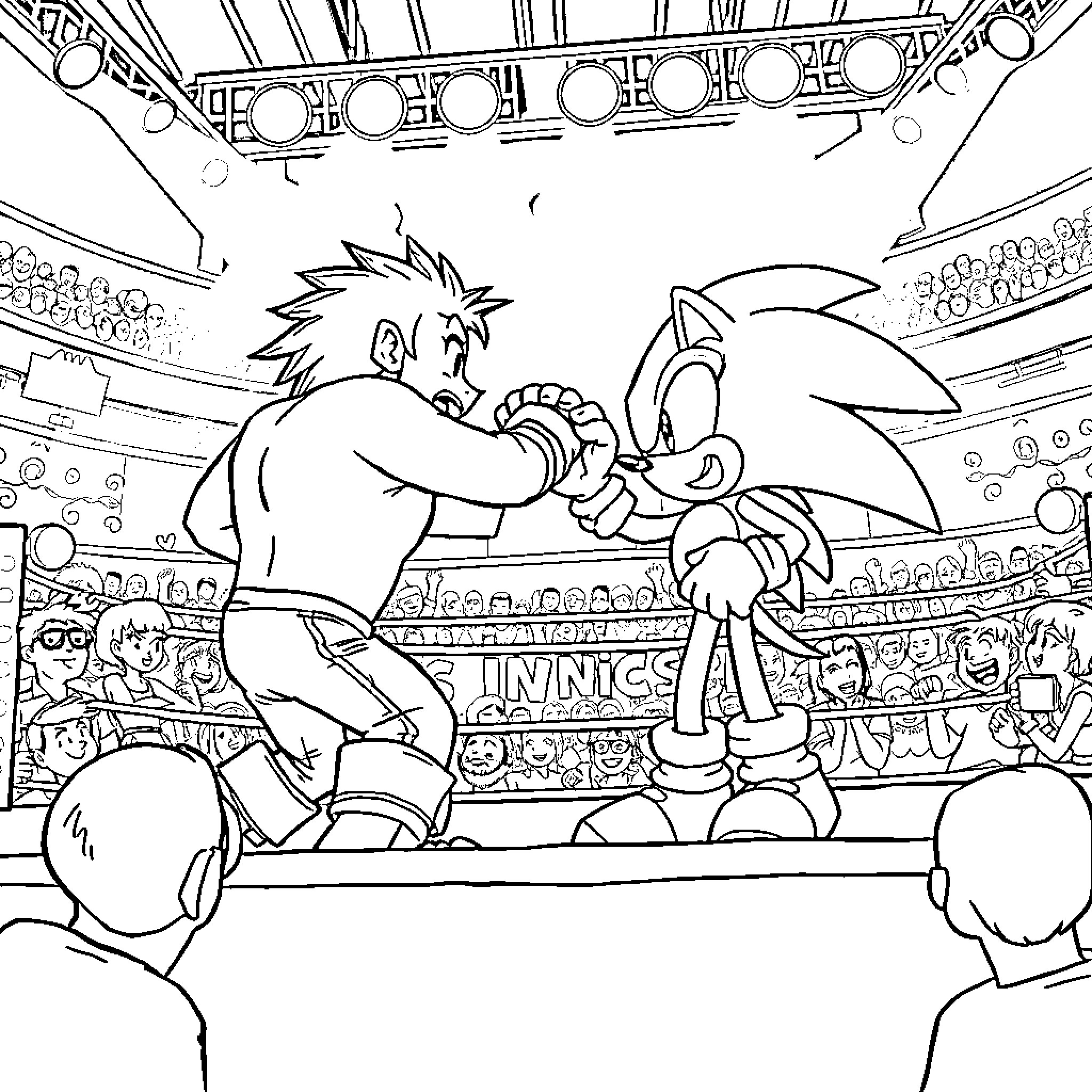 Jay Uso engaging in match with Sonic the Hedgehog in wrestling ring Coloring Page (free black-and-white line drawing printable PDF for all, from beginners to advanced learners, including children, teens, adults, and seniors)