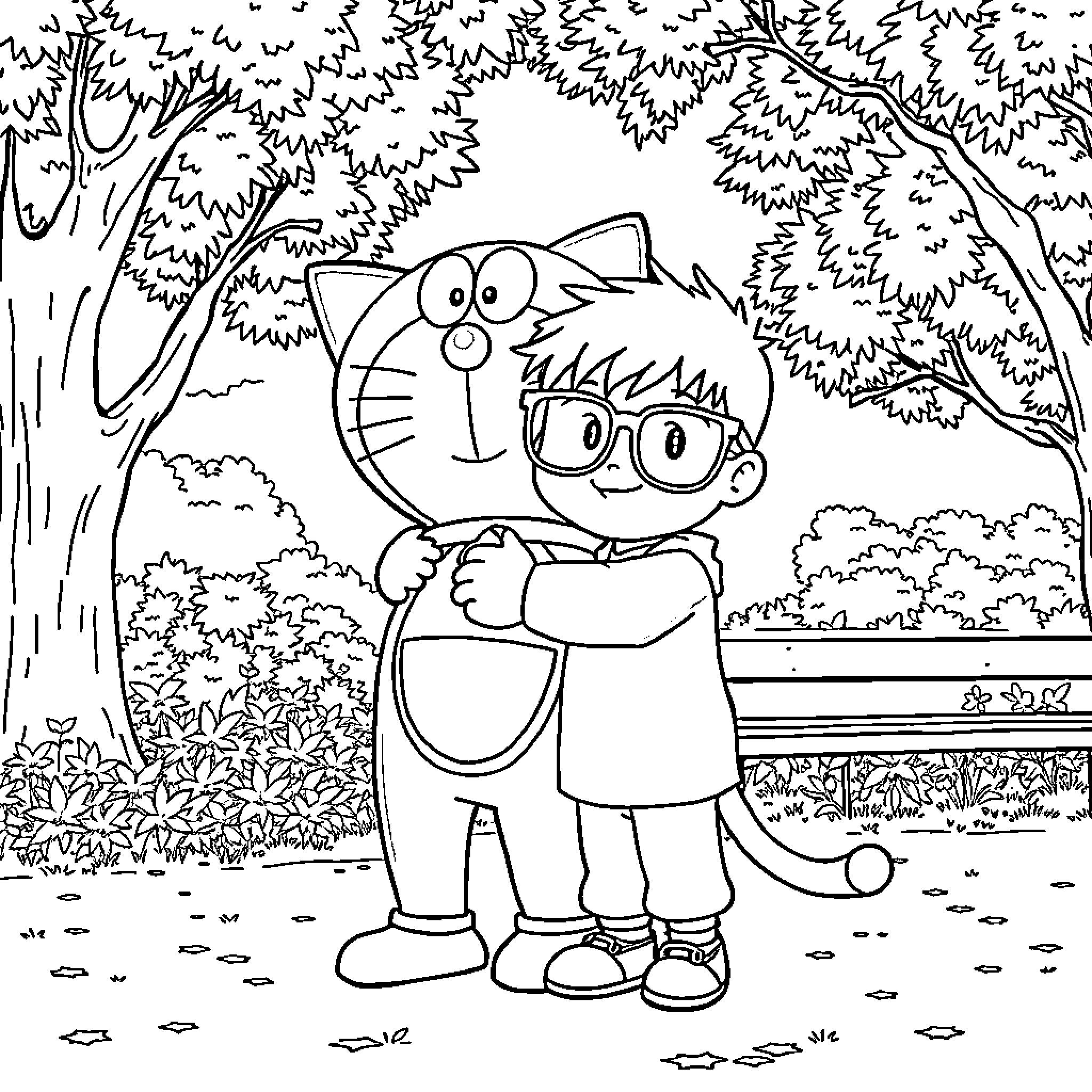 Doraemon and Nobita enjoying a day in the park Coloring Page (free black-and-white line drawing printable PDF for all, from beginners to advanced learners, including children, teens, adults, and seniors)