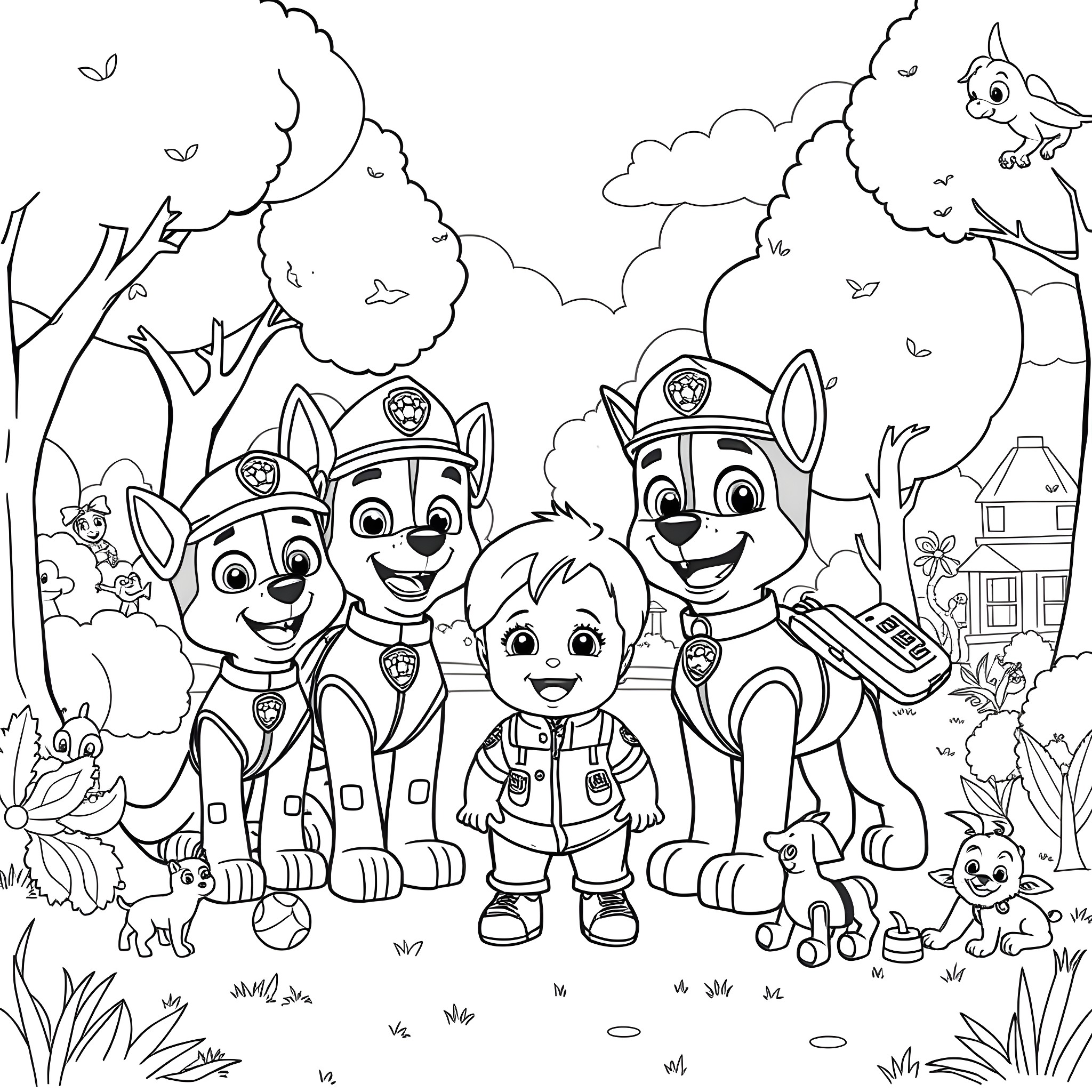 Paw Patrol enjoying outdoor adventures in the park Coloring Page (free black-and-white line drawing printable PDF for all, from beginners to advanced learners, including children, teens, adults, and seniors)