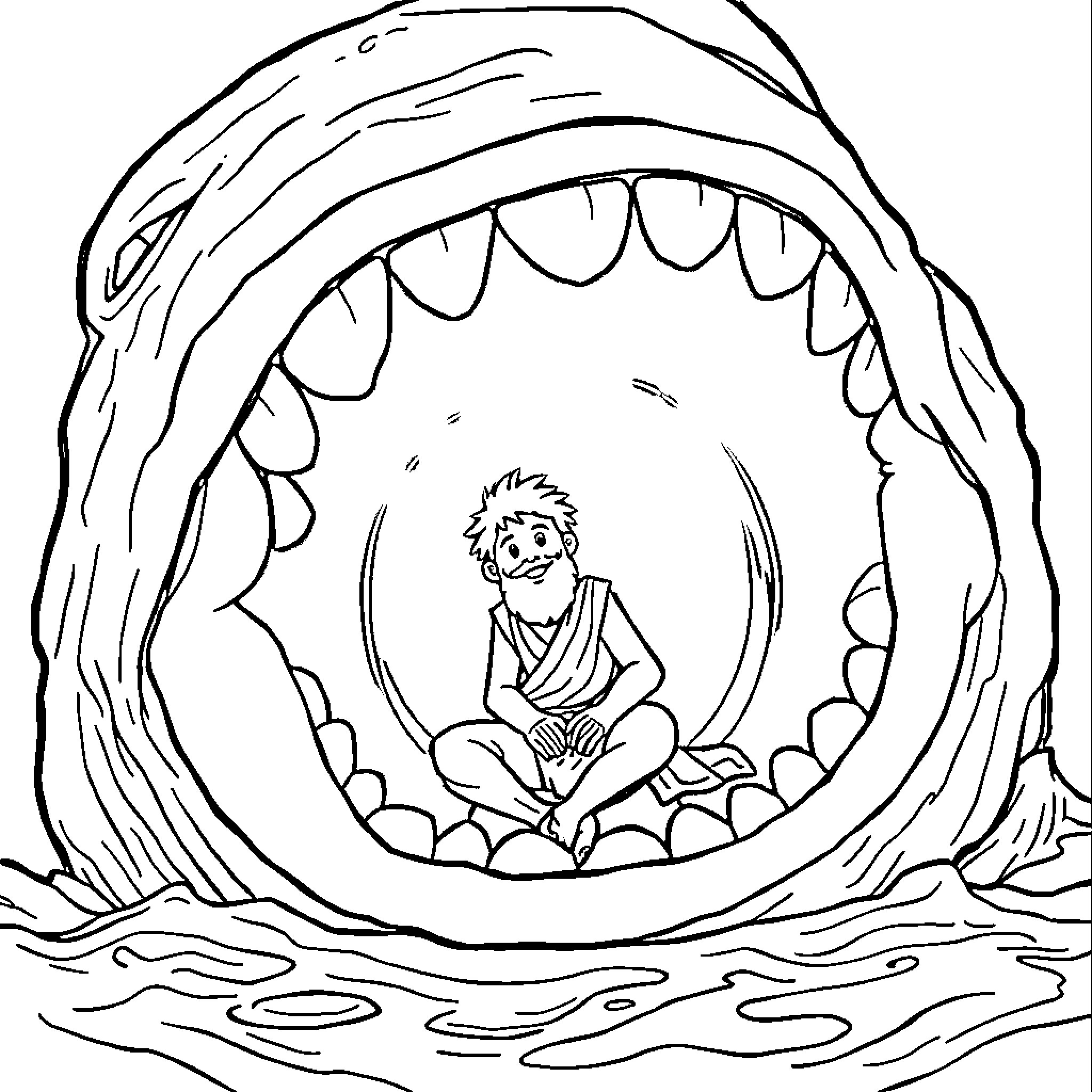 Jonah sitting calmly inside the whale's mouth Coloring Page (free black-and-white line drawing printable PDF for all, from beginners to advanced learners, including children, teens, adults, and seniors)