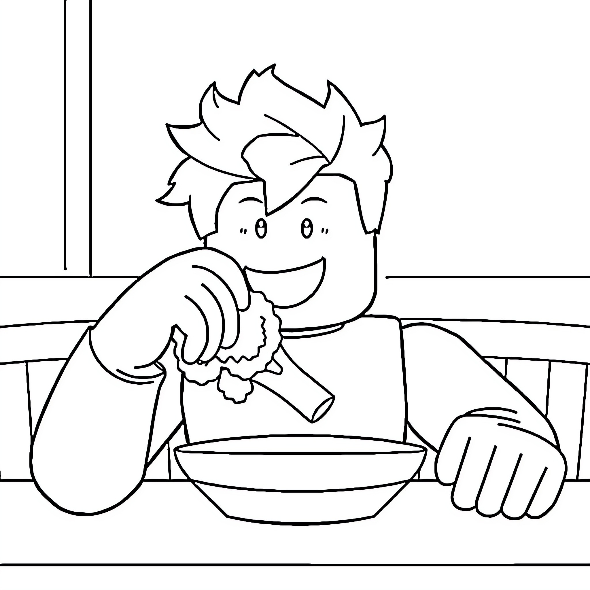 Roblox Avatar Eating a Meal Coloring Page (free black-and-white line drawing printable PDF for all, from beginners to advanced learners, including children, teens, adults, and seniors)
