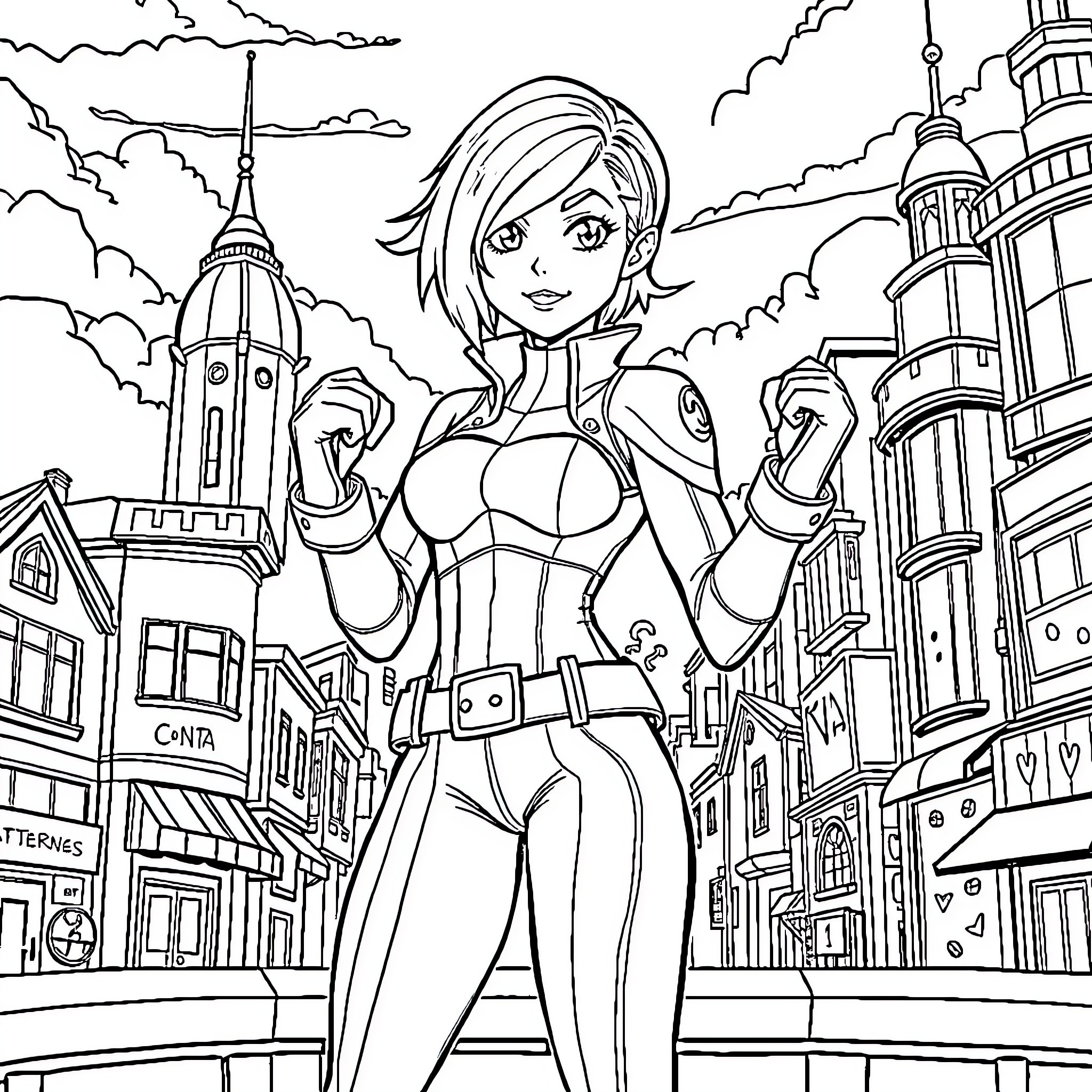 Victorious Heroine in the City Coloring Page (free black-and-white line drawing printable PDF for all, from beginners to advanced learners, including children, teens, adults, and seniors)