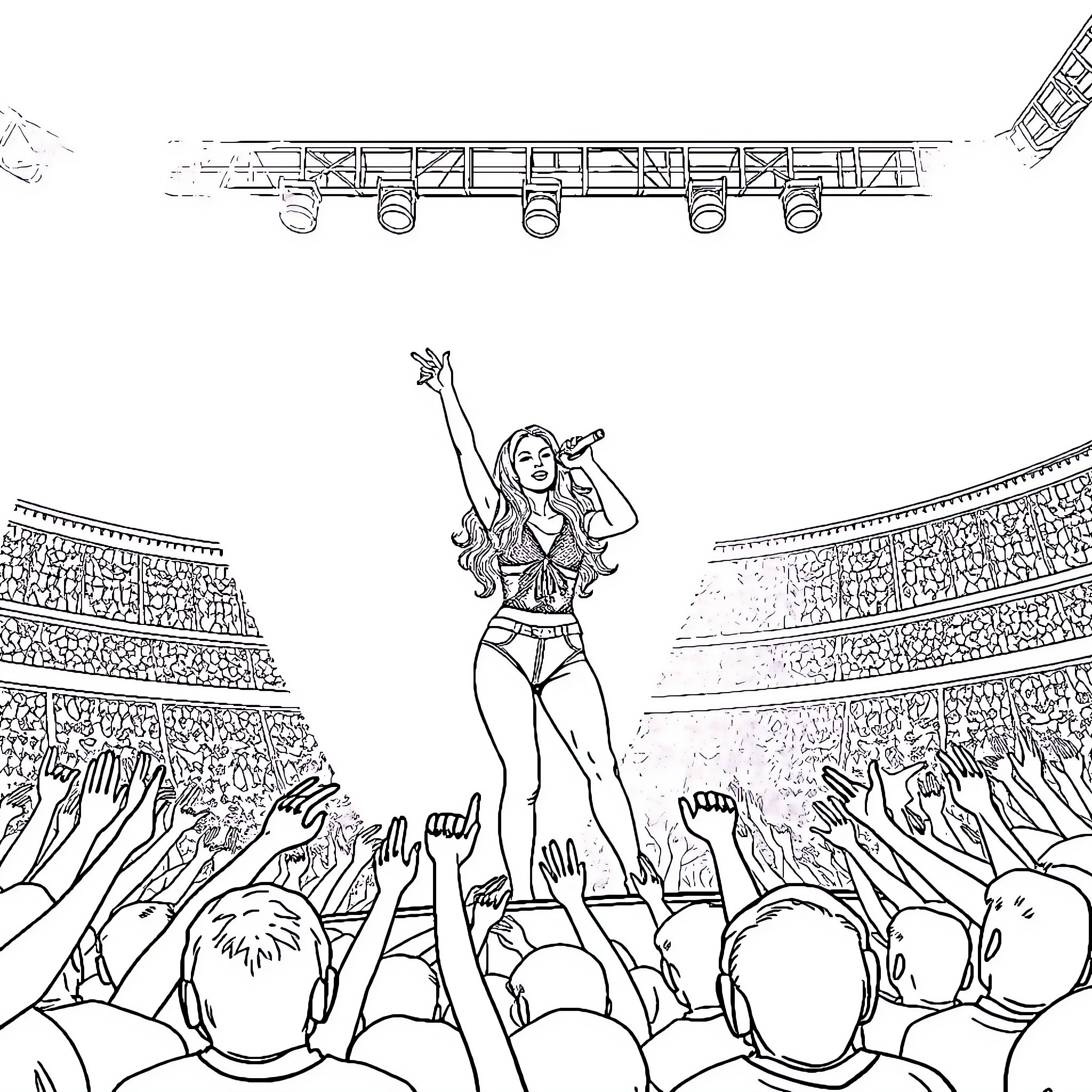 Shakira performing energetically on stage Coloring Page (free black-and-white line drawing printable PDF for all, from beginners to advanced learners, including children, teens, adults, and seniors)