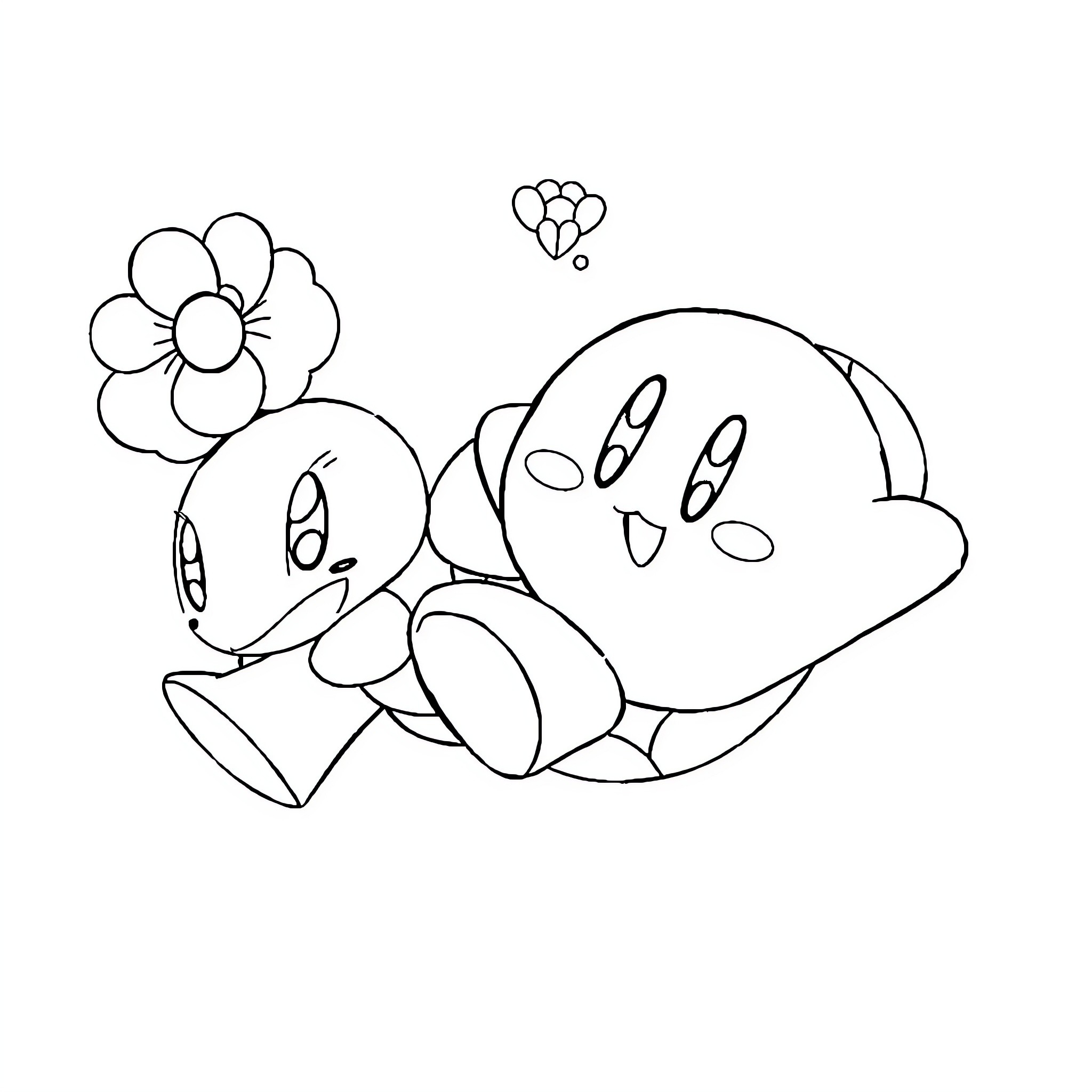 Kirby enjoying a daisy in a peaceful scene Coloring Page (free black-and-white line drawing printable PDF for all, from beginners to advanced learners, including children, teens, adults, and seniors)