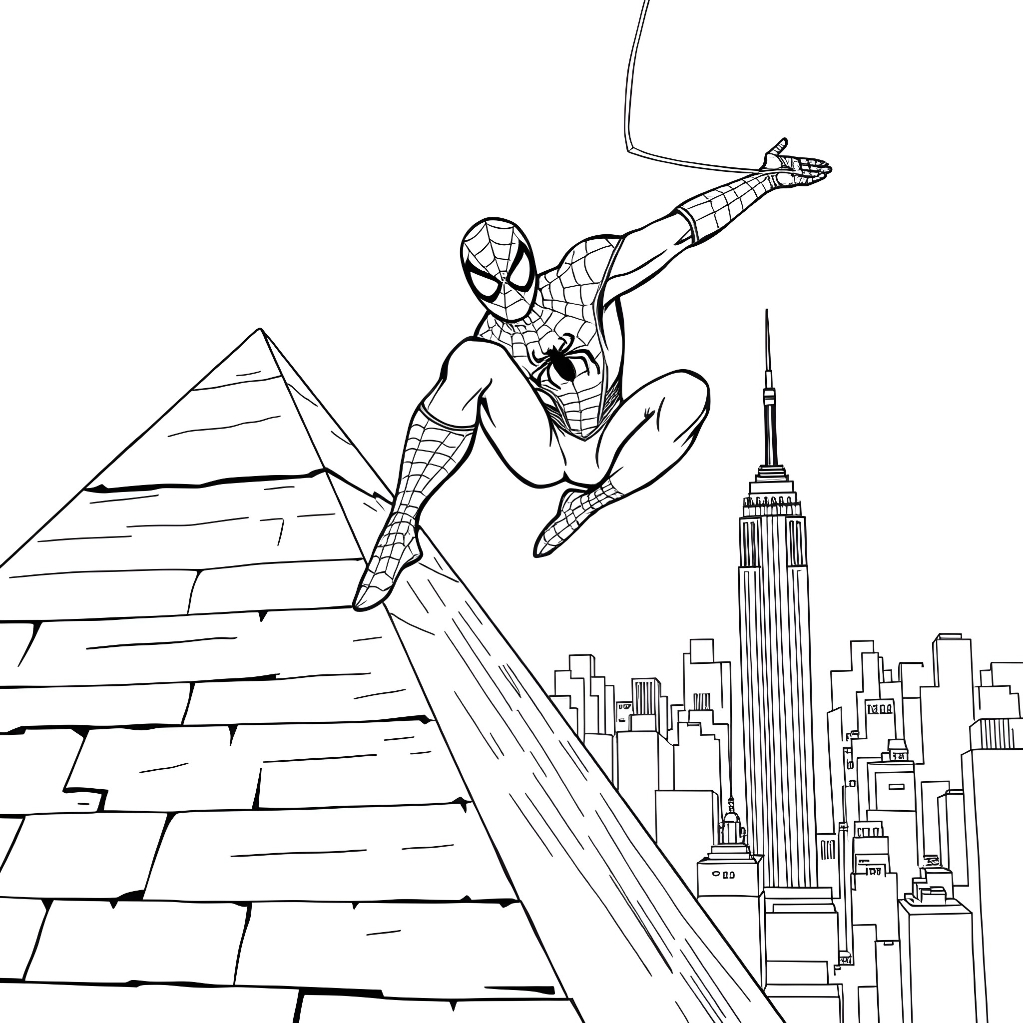 Spiderman swinging through a city skyline Coloring Page (free black-and-white line drawing printable PDF for all, from beginners to advanced learners, including children, teens, adults, and seniors)