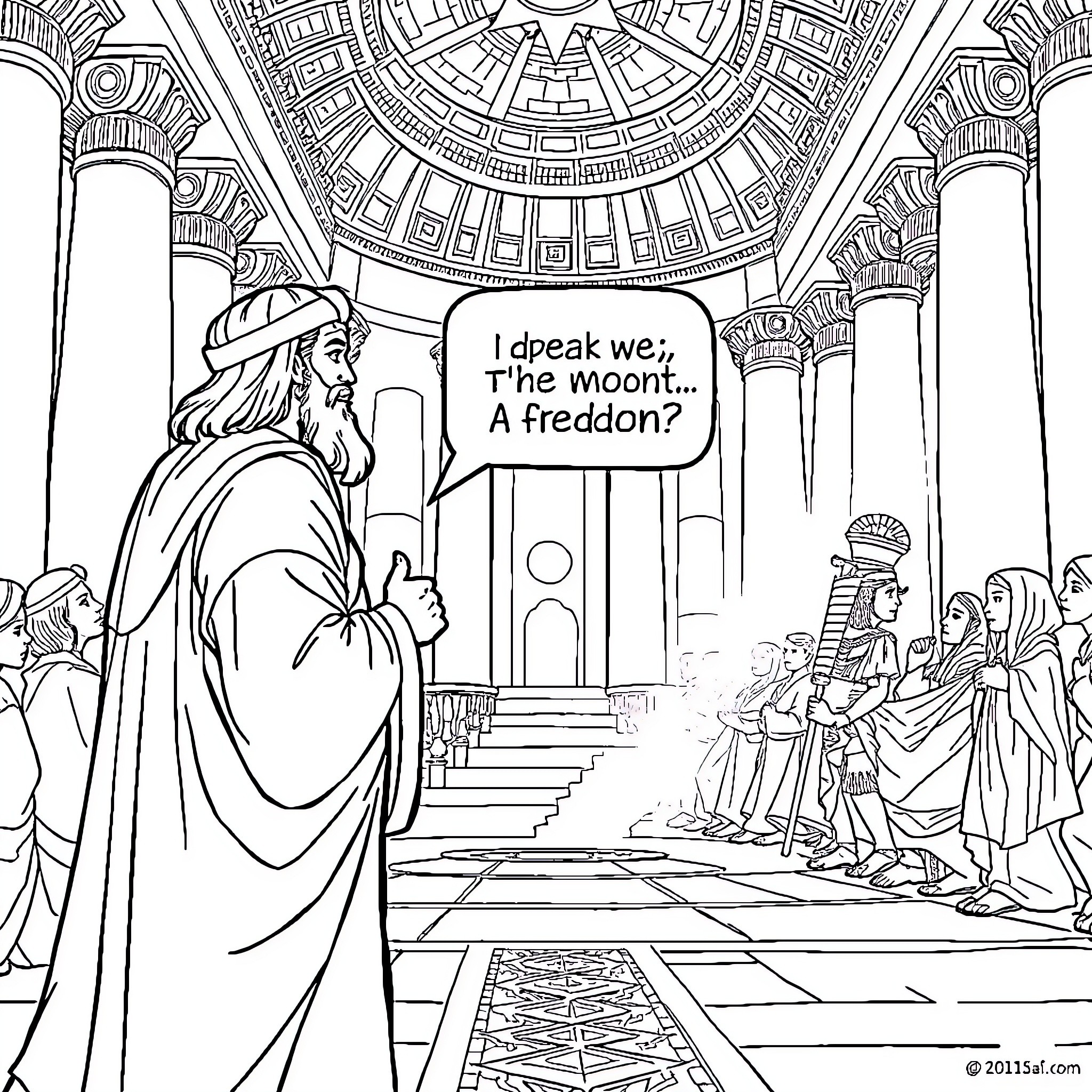 Moses Questioning Freedom in the Ornate Temple Coloring Page (free black-and-white line drawing printable PDF for all, from beginners to advanced learners, including children, teens, adults, and seniors)