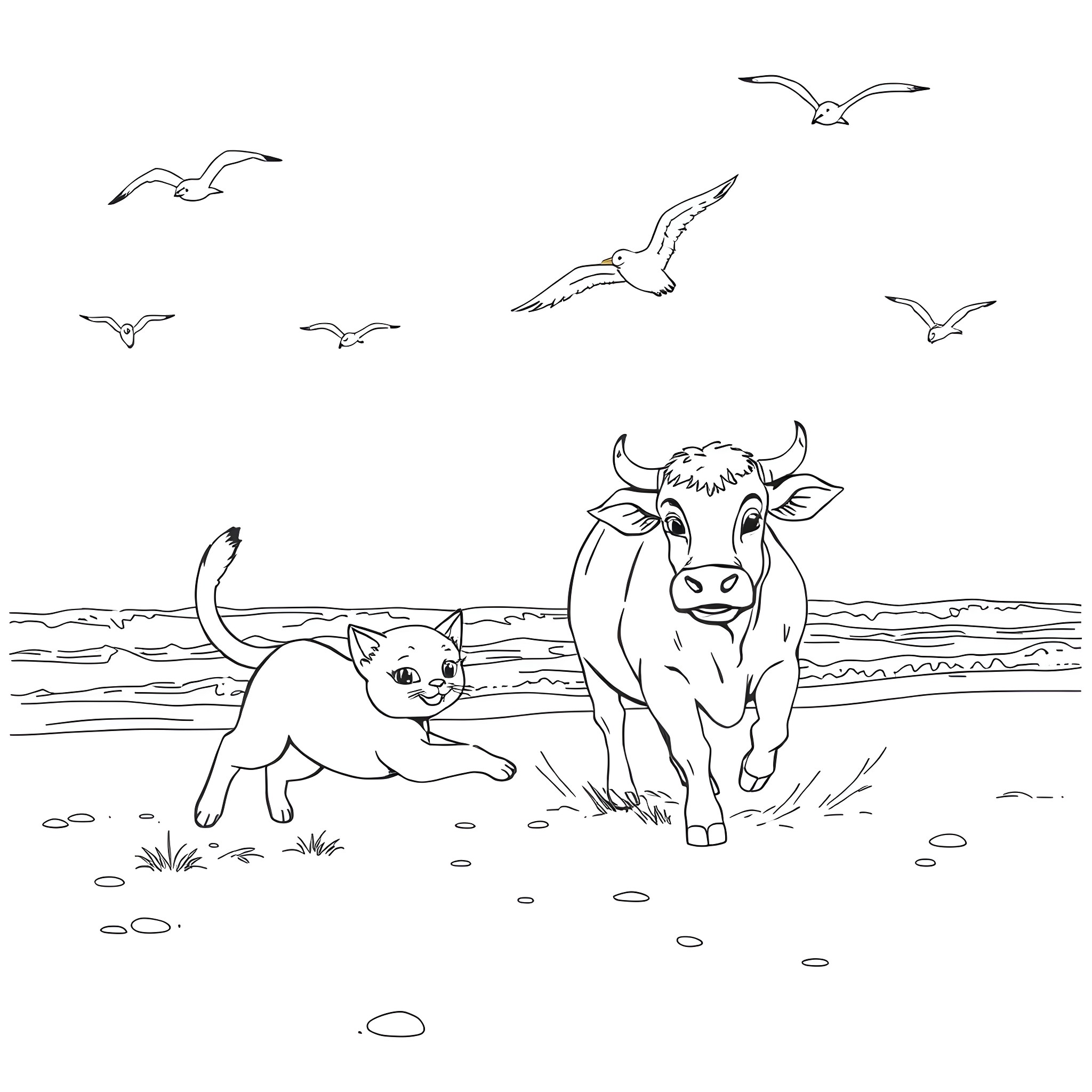 Gato and Cow Roaming in the Meadow Coloring Page (free black-and-white line drawing printable PDF for all, from beginners to advanced learners, including children, teens, adults, and seniors)