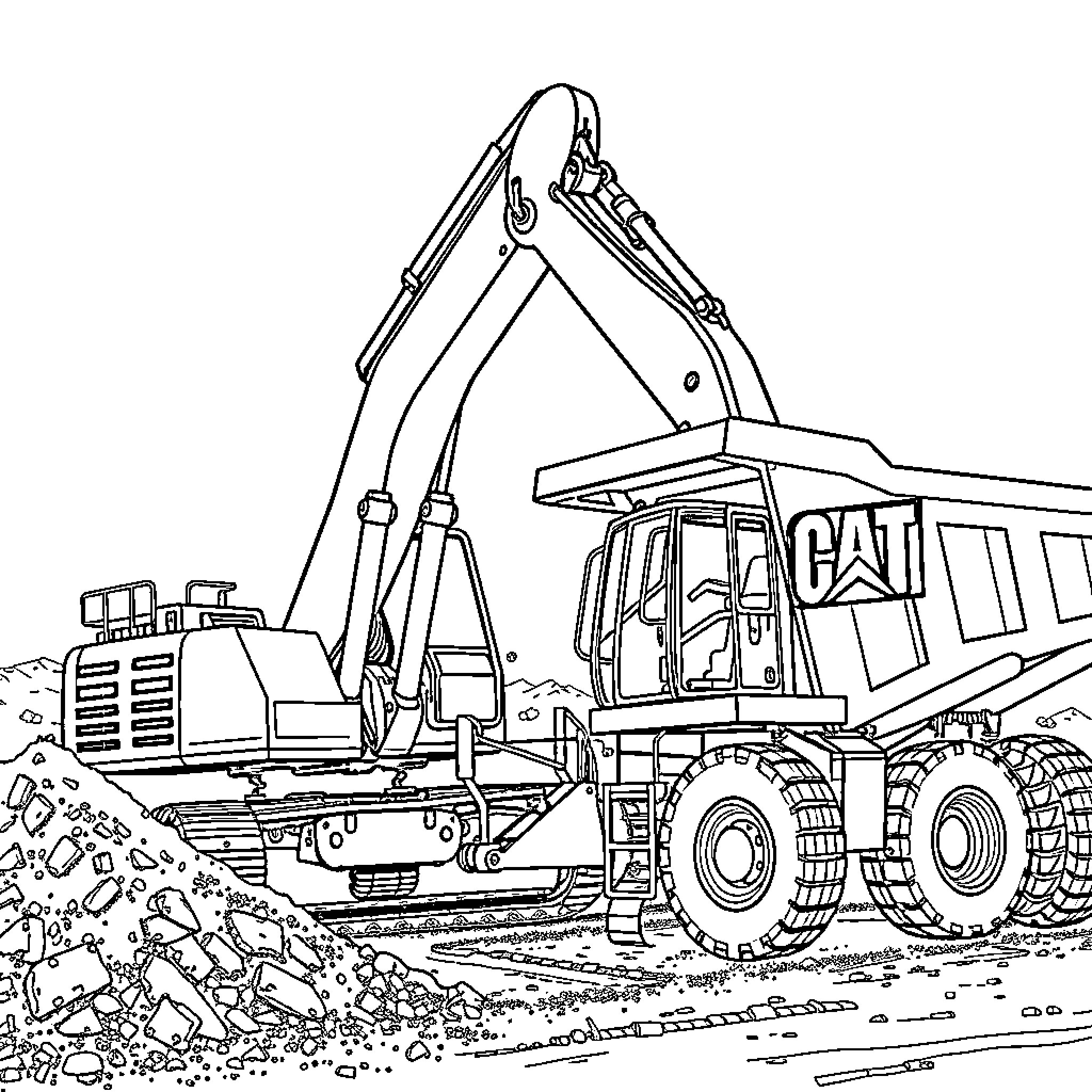 Excavator operating construction site with large dump truck Coloring Page (free black-and-white line drawing printable PDF for all, from beginners to advanced learners, including children, teens, adults, and seniors)
