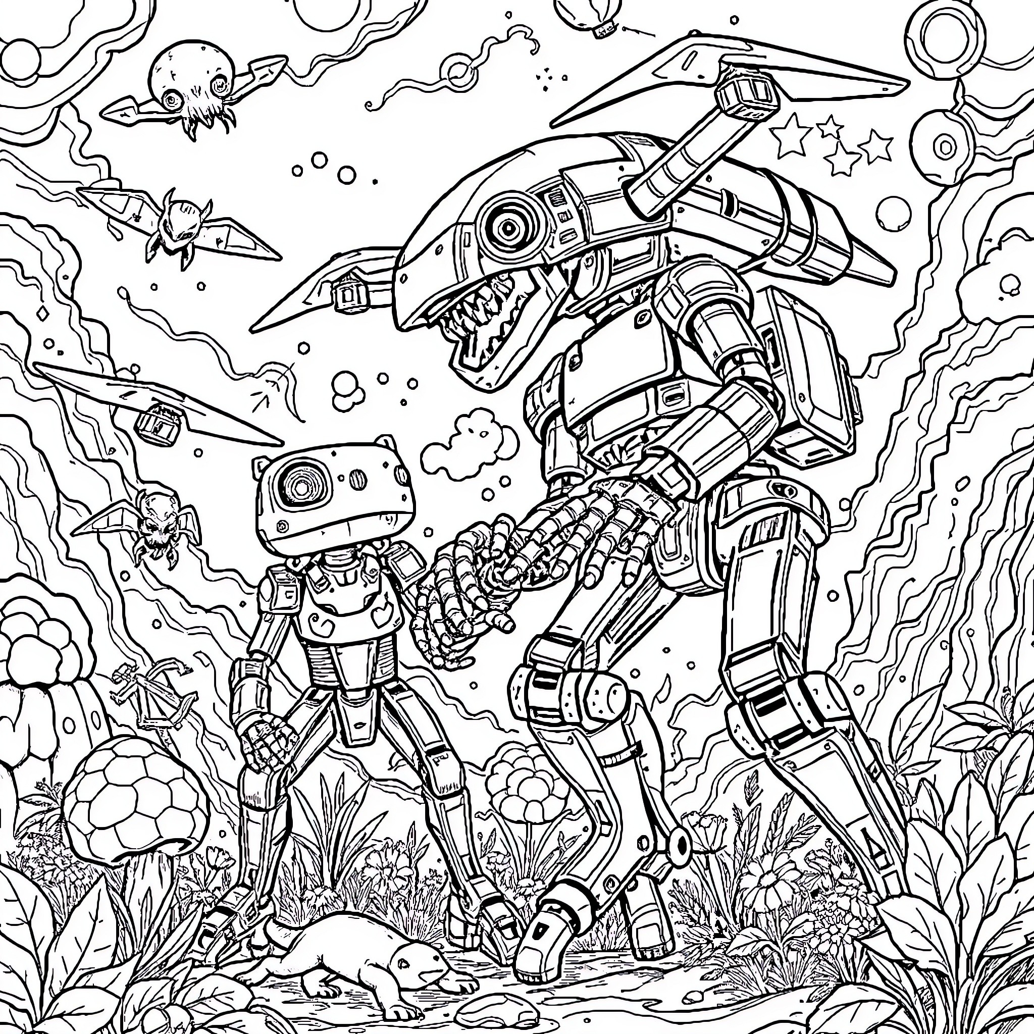 Amphibia: Robotic creatures exploring vibrant sci-fi landscape Coloring Page (free black-and-white line drawing printable PDF for all, from beginners to advanced learners, including children, teens, adults, and seniors)