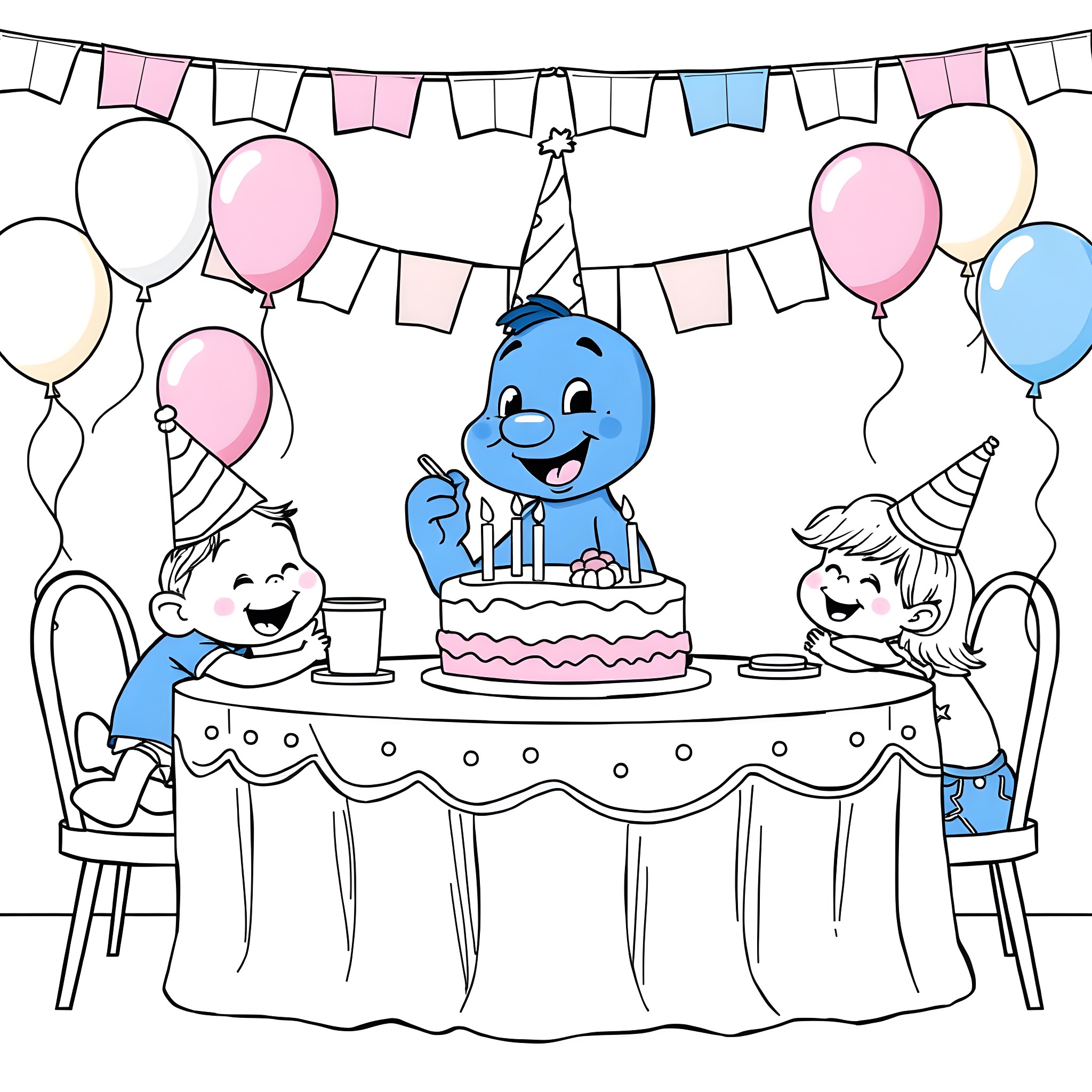 Bluey's Celebratory Gathering with Balloons and Cake Coloring Page (free black-and-white line drawing printable PDF for all, from beginners to advanced learners, including children, teens, adults, and seniors)