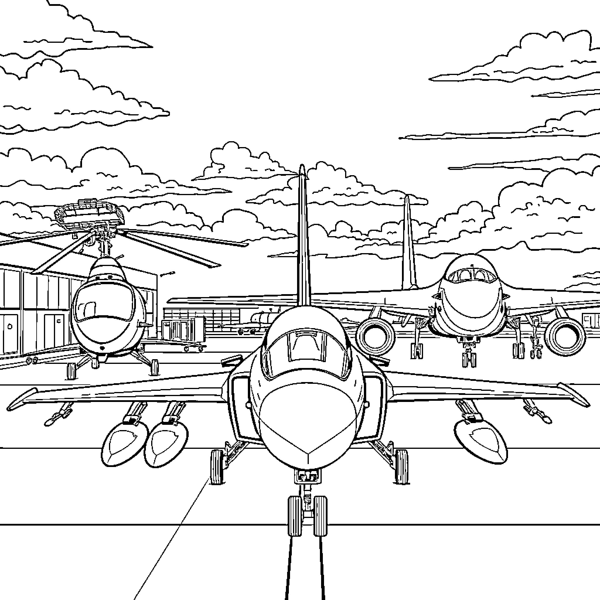 Aircraft on the runway at the airport Coloring Page (free black-and-white line drawing printable PDF for all, from beginners to advanced learners, including children, teens, adults, and seniors)