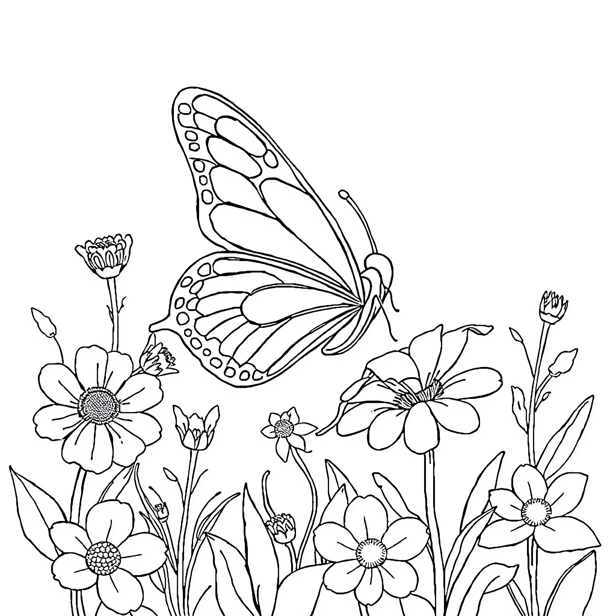 Butterfly among beautiful wild flowers Coloring Page (free black-and-white line drawing printable PDF for all, from beginners to advanced learners, including children, teens, adults, and seniors)