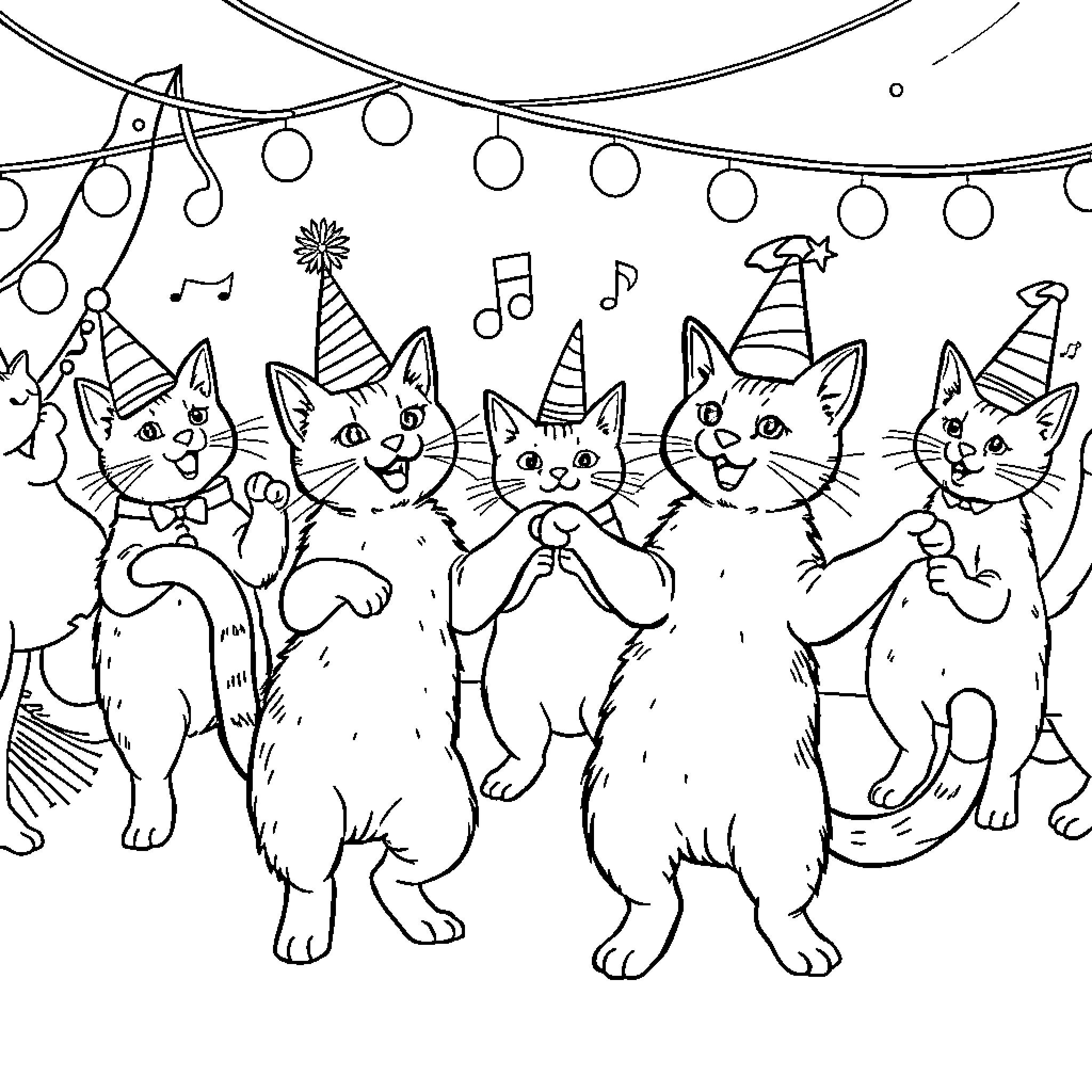 Cats celebrating a party with hats and music Coloring Page (free black-and-white line drawing printable PDF for all, from beginners to advanced learners, including children, teens, adults, and seniors)
