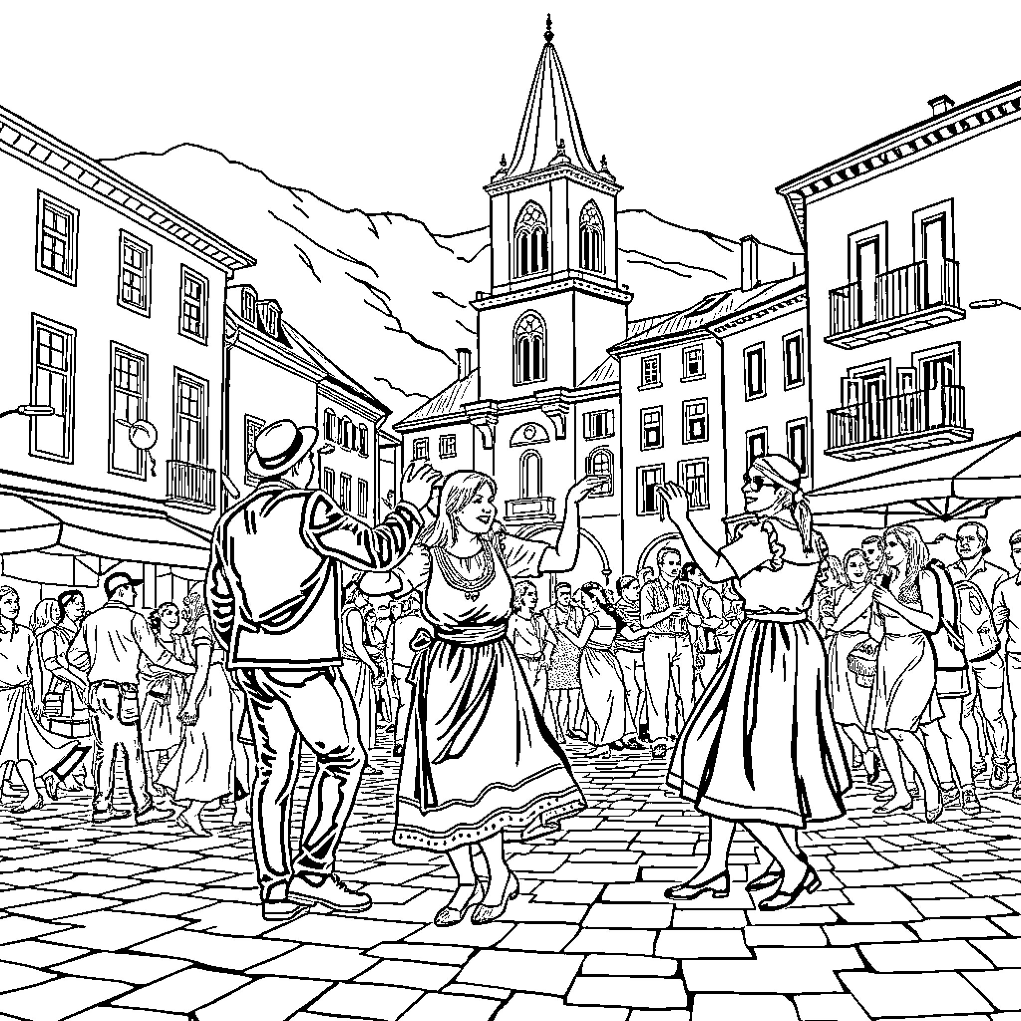 Albanian Villagers Gathered for a Festive Dance in the Town Square Coloring Page (free black-and-white line drawing printable PDF for all, from beginners to advanced learners, including children, teens, adults, and seniors)