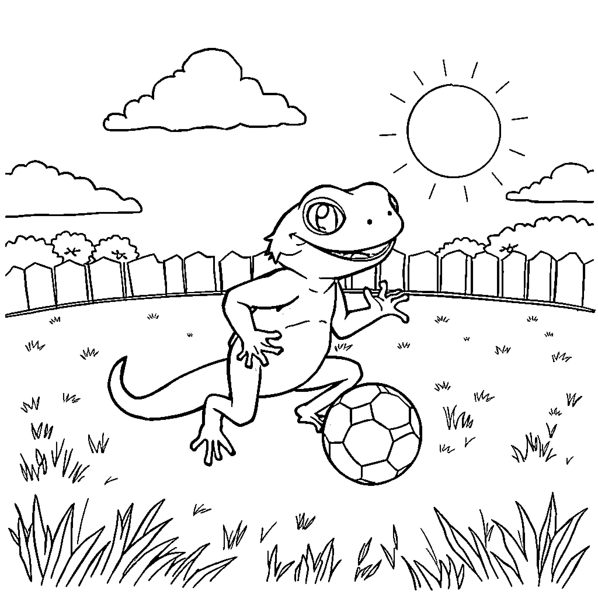 Gecko playing with soccer ball in the sunshine Coloring Page (free black-and-white line drawing printable PDF for all, from beginners to advanced learners, including children, teens, adults, and seniors)