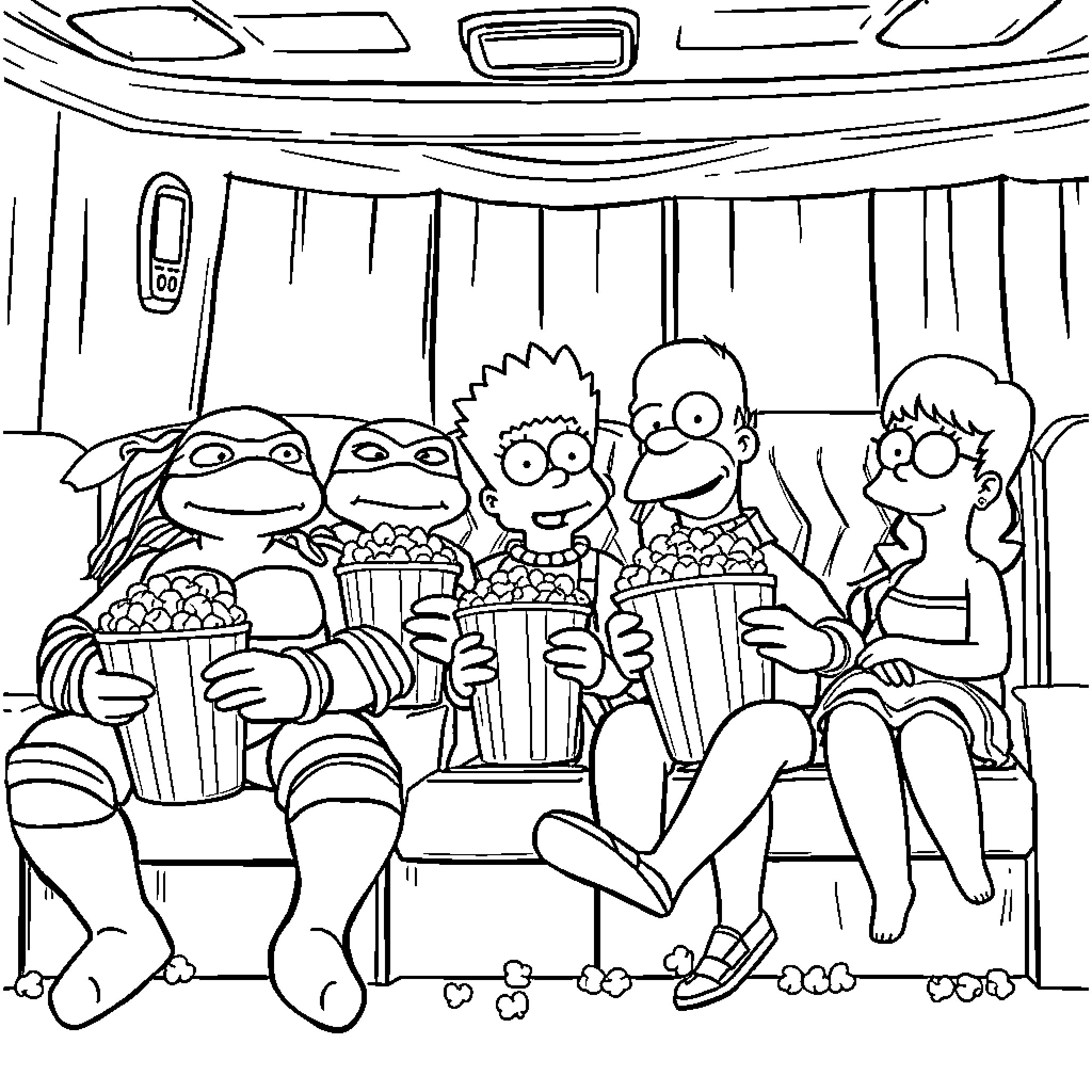 Ninja Turtles watching a movie at the theater Coloring Page (free black-and-white line drawing printable PDF for all, from beginners to advanced learners, including children, teens, adults, and seniors)